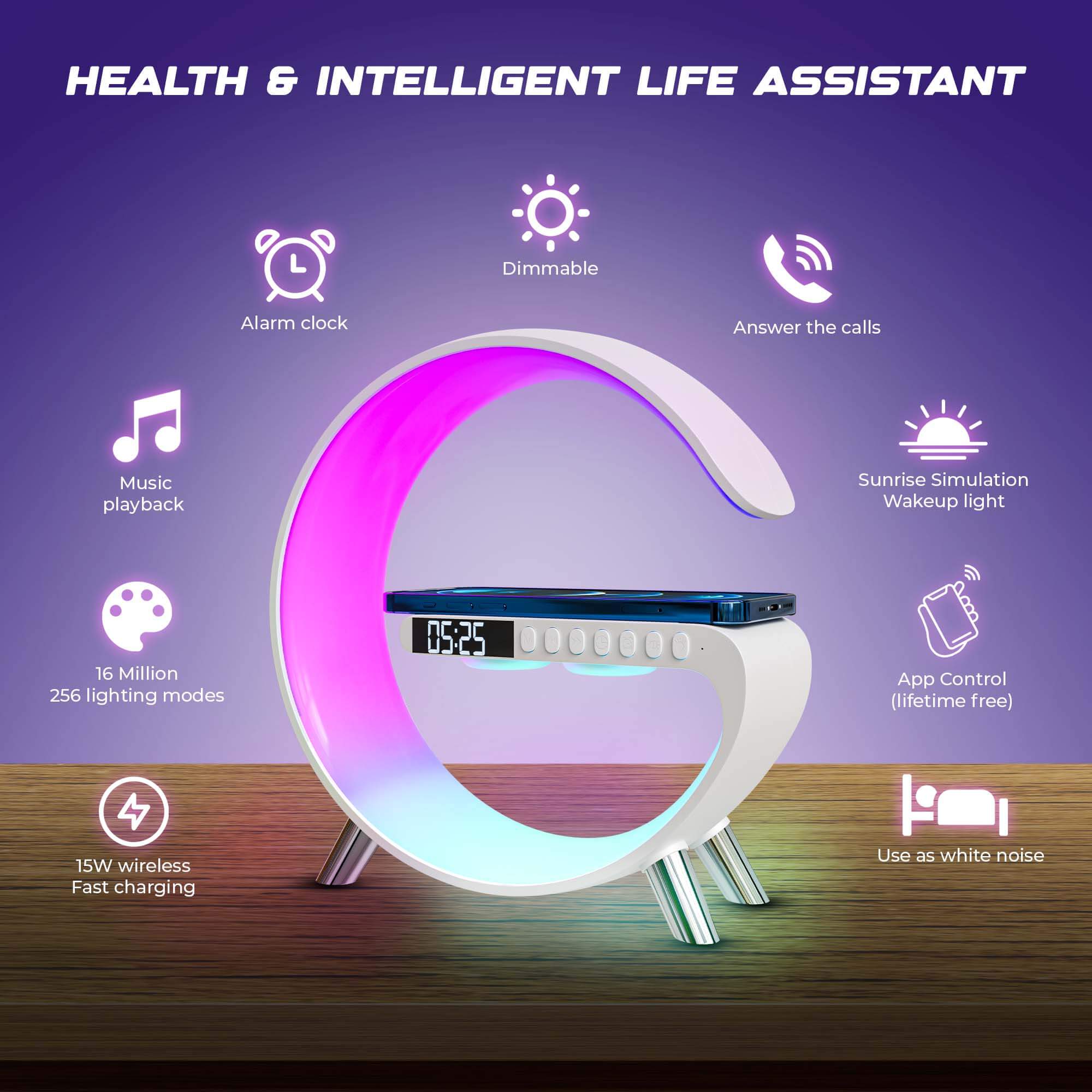 JCBL ACCESSORIES Wireless Charger Atmosphere Light Lamp, 4-in-1 Charger with BT, Speaker, Alarm Clock, and App Control Lights for Bedroom, Ambient Light (Original, White, 2023) | | HEALTH & INTELLIGENT LIFE ASSISTANT | ALARM CLOCK | DIMMABLE | ANSWER THE CALL | ANSWER THE CALLS | SUNRISE SIMULATION WAKEUP LIGHT | APP CONTROL| USE AS WHITE NOISE | 15W Wireless fast charging | 16 Million, 256 Lighting Modes| Music Playback|