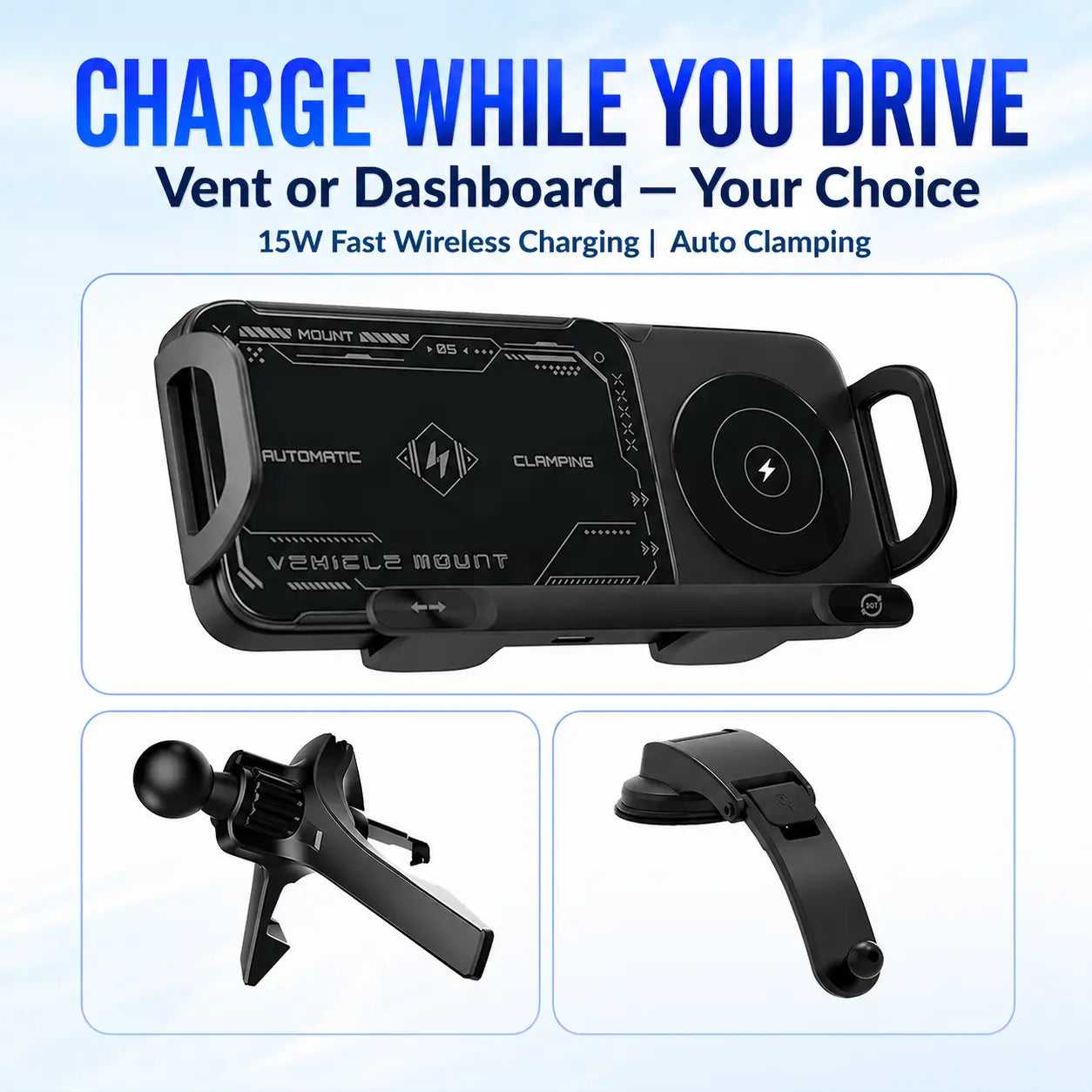 Crystal Watt 2.0 - 15W Fold Phone Wireless Car Charger – Dual Coil Fast Charging Air Vent Mount | Rotating Phone Holder For Premium Smartphone