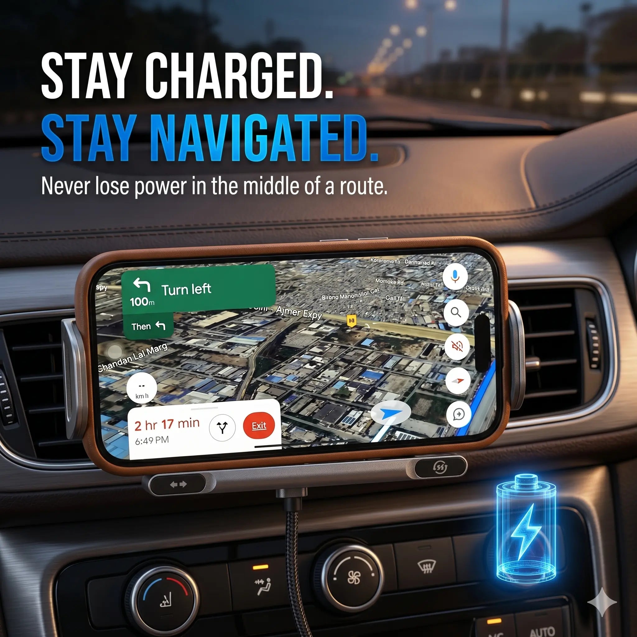 Crystal Watt 2.0 - 15W Fold Phone Wireless Car Charger – Dual Coil Fast Charging Air Vent Mount | Rotating Phone Holder For Premium Smartphone