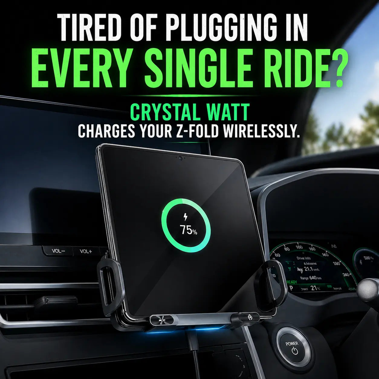 Crystal Watt 2.0 - 15W Fold Phone Wireless Car Charger – Dual Coil Fast Charging Air Vent Mount | Rotating Phone Holder For Premium Smartphone