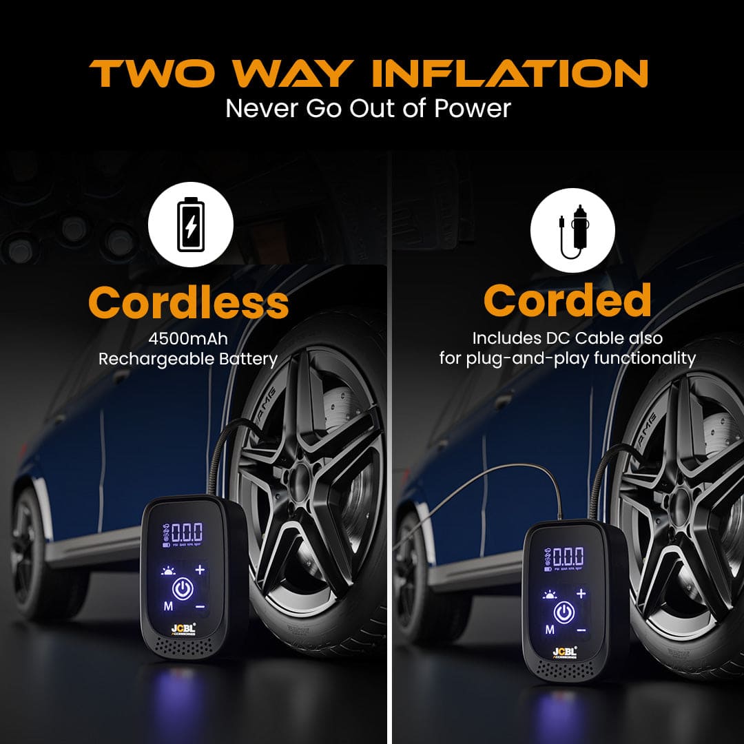AIR COMPRESSOR – Portable Cordless Tyre Inflator for Car & Bike | 150 PSI Digital Air Compressor | 4500mAh Battery | Auto Shut Off