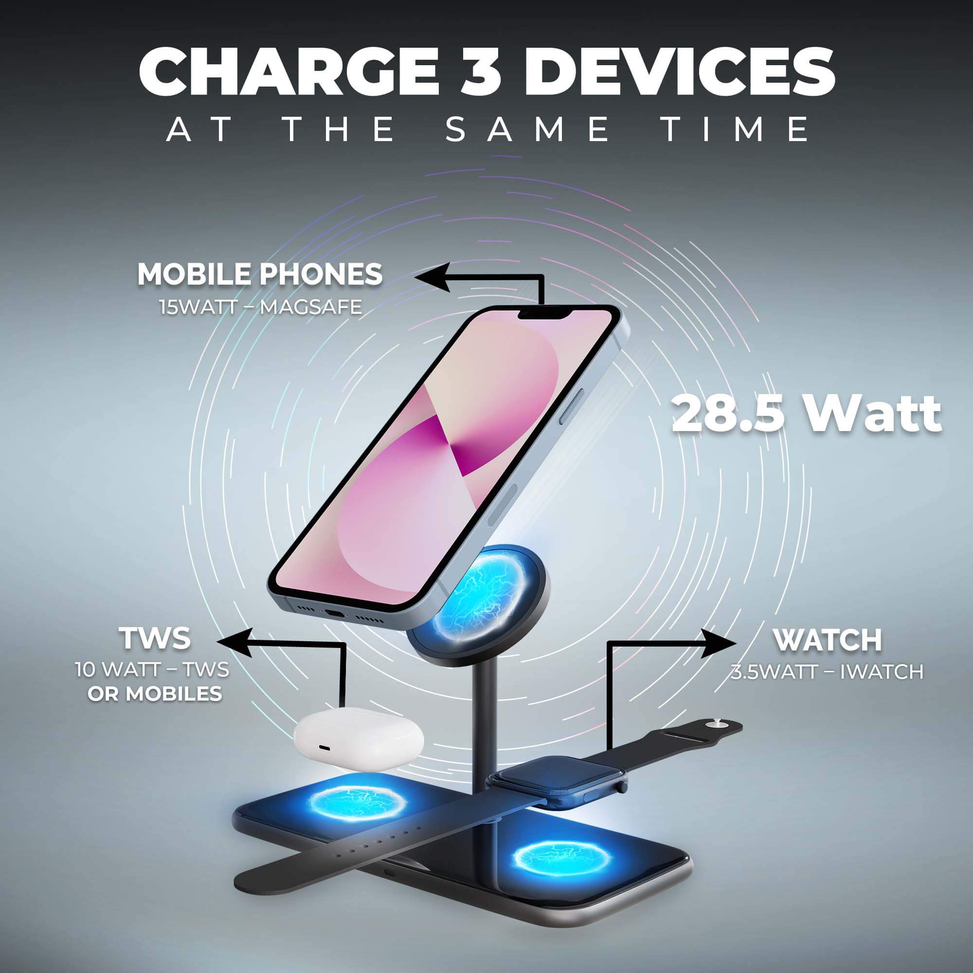 JCBL Accessories Magsafe 28.5W Fast Wireless charging stand For Mobile, Watch, Airpods Charging, SW12 | CHARGE 3 DEVICES AT THE SAME TIME -_ | MOBILE PHONES 15W | 28.5 W | TWS 10 WATT OR MOBILES 3.5 WATT IWATCH | IO WATTRIVYS SWATT — WATCH | OR MOBILES |