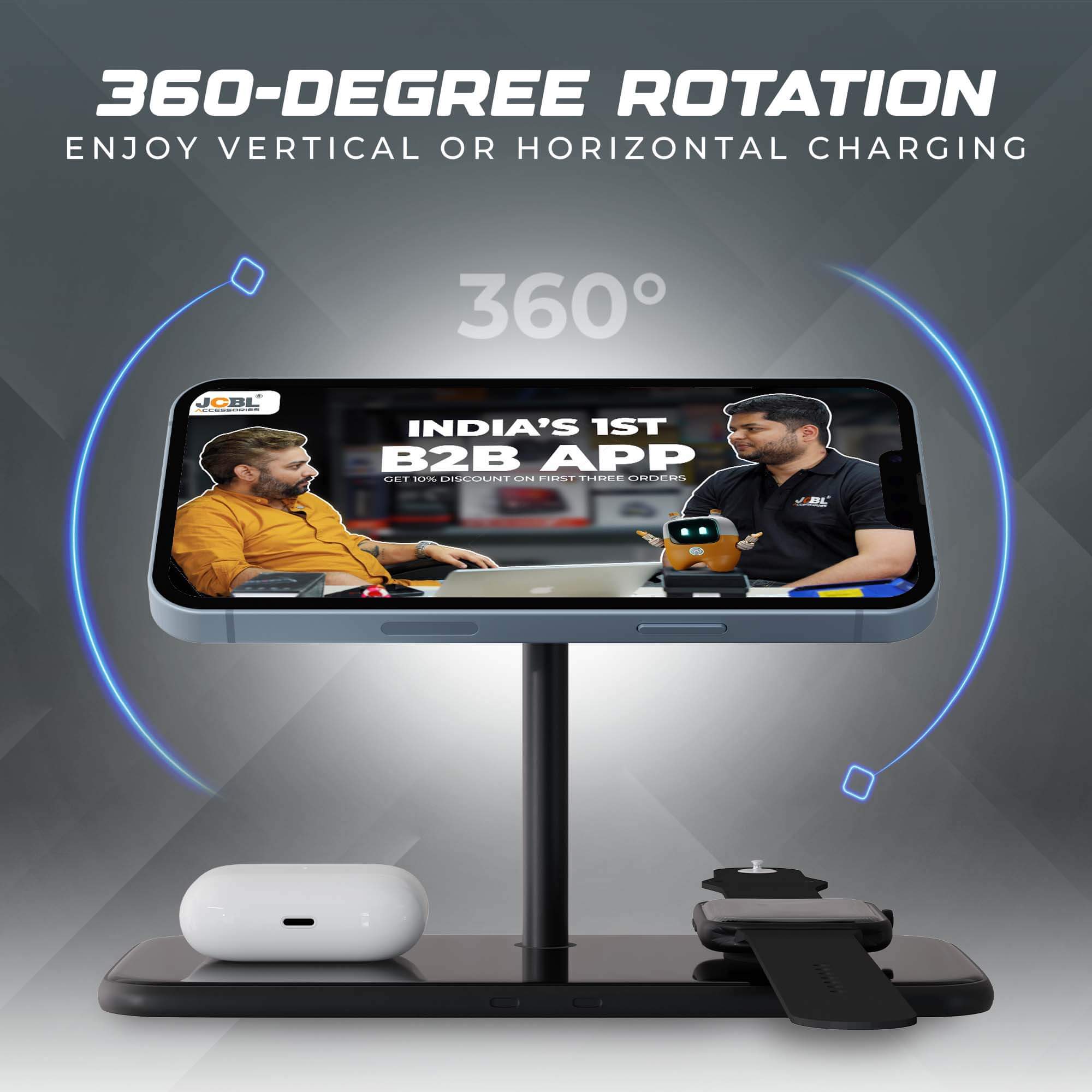 JCBL Accessories Magsafe 28.5W Fast Wireless charging stand For Mobile, Watch, Airpods Charging, SW12 | 360-DEGREE ROTATION ENJOY VERTICAL OR HORIZONTAL CHARGING
