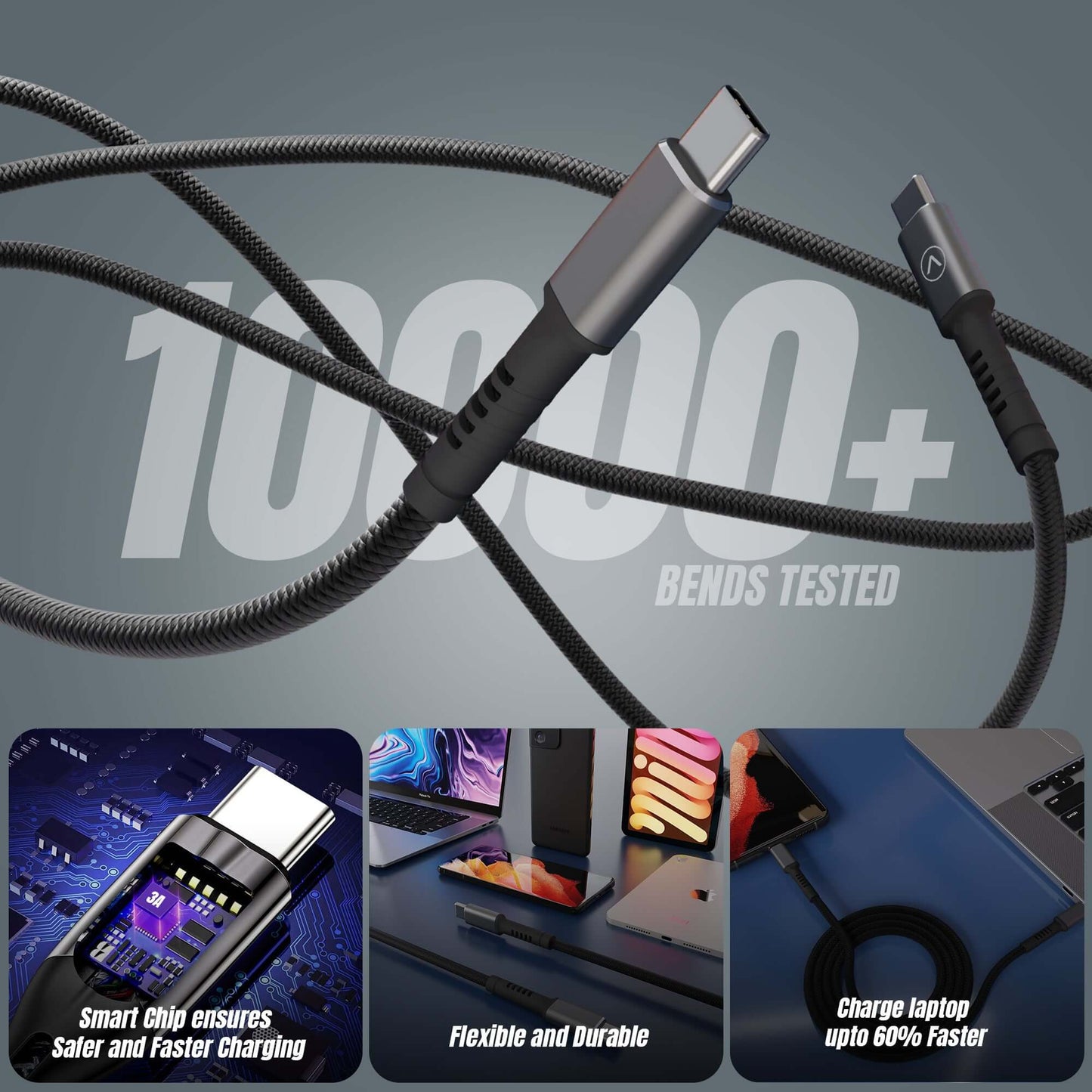 JCBL ACCESSORIES Type-C to Type-C Fast Charging 3.25A 1.2mtr Cable, 65W, Compatible with all Type-C device (Black)