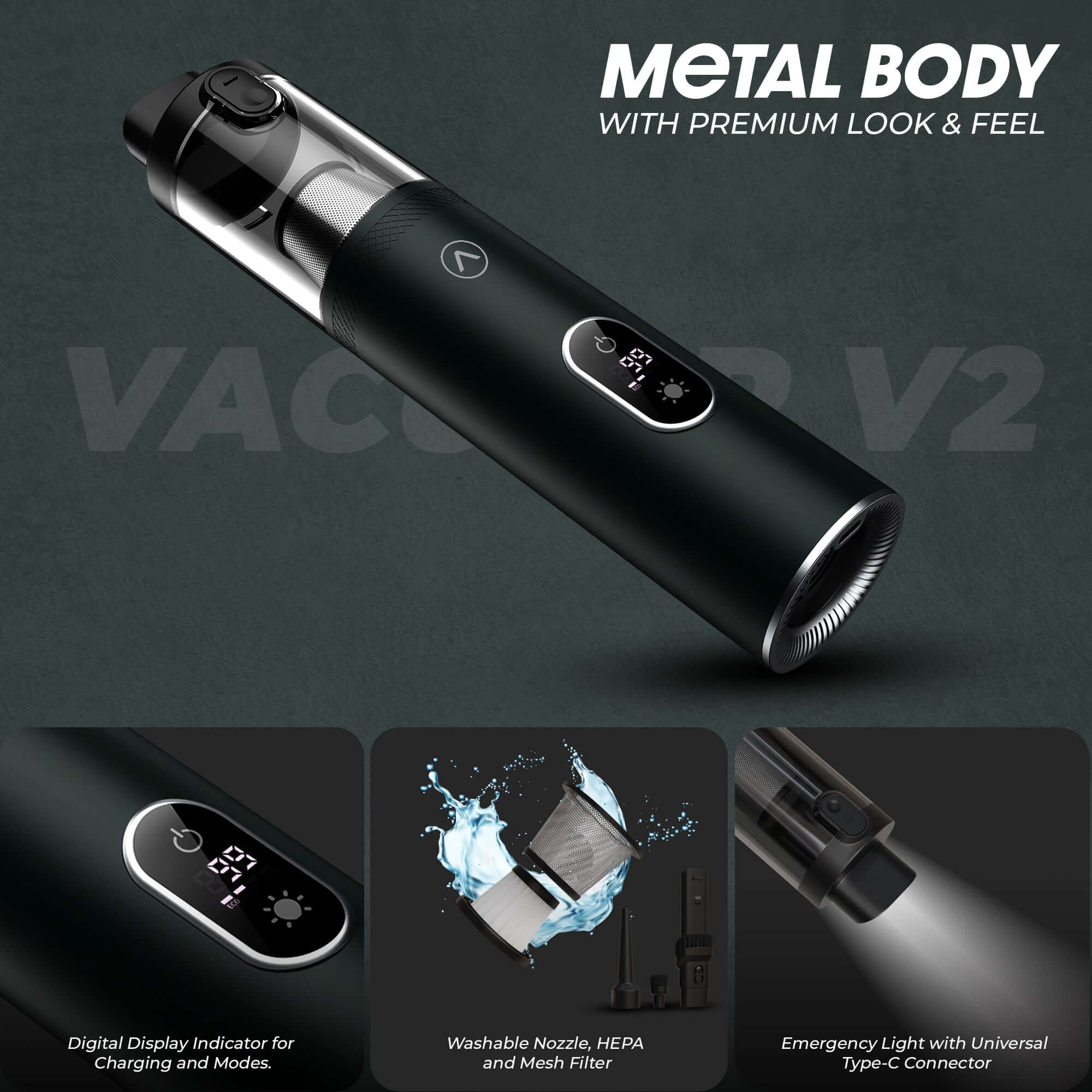 Vacuair V2 Portable & Cordless Vacuum Cleaner with 13 KPa Suction Power | 6000 mAh Battery