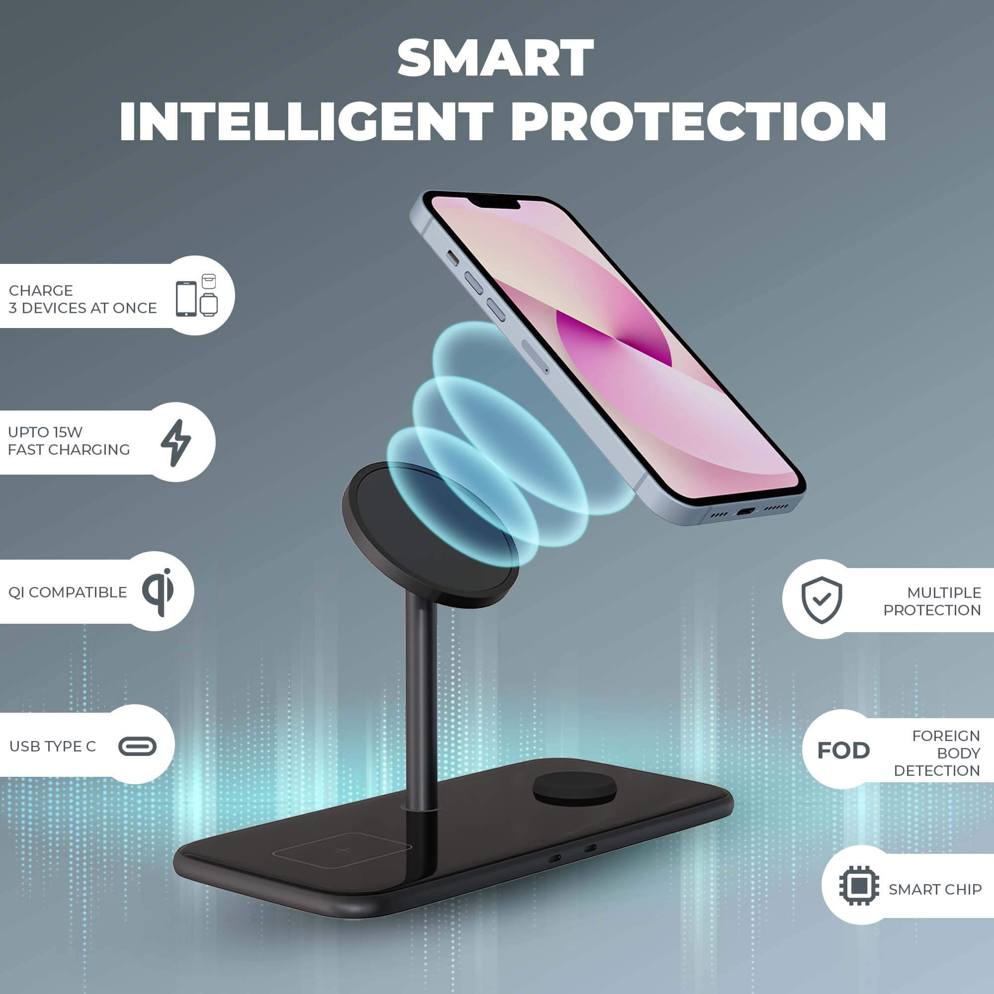 JCBL Accessories Magsafe 28.5W Fast Wireless charging stand For Mobile, Watch, Airpods Charging, SW12 | SMART INTELLIGENT PROTECTION | CHARGE 3 DEVICES AT ONCE| UPTO 15W FAST CHARGINC| Ql COMPATIBLE | MULTIPLE PROTECTION |USB TYPE C| Foreign FOREIGN BODY DETECTION(FOD) he DETECTION SMART CHIP
