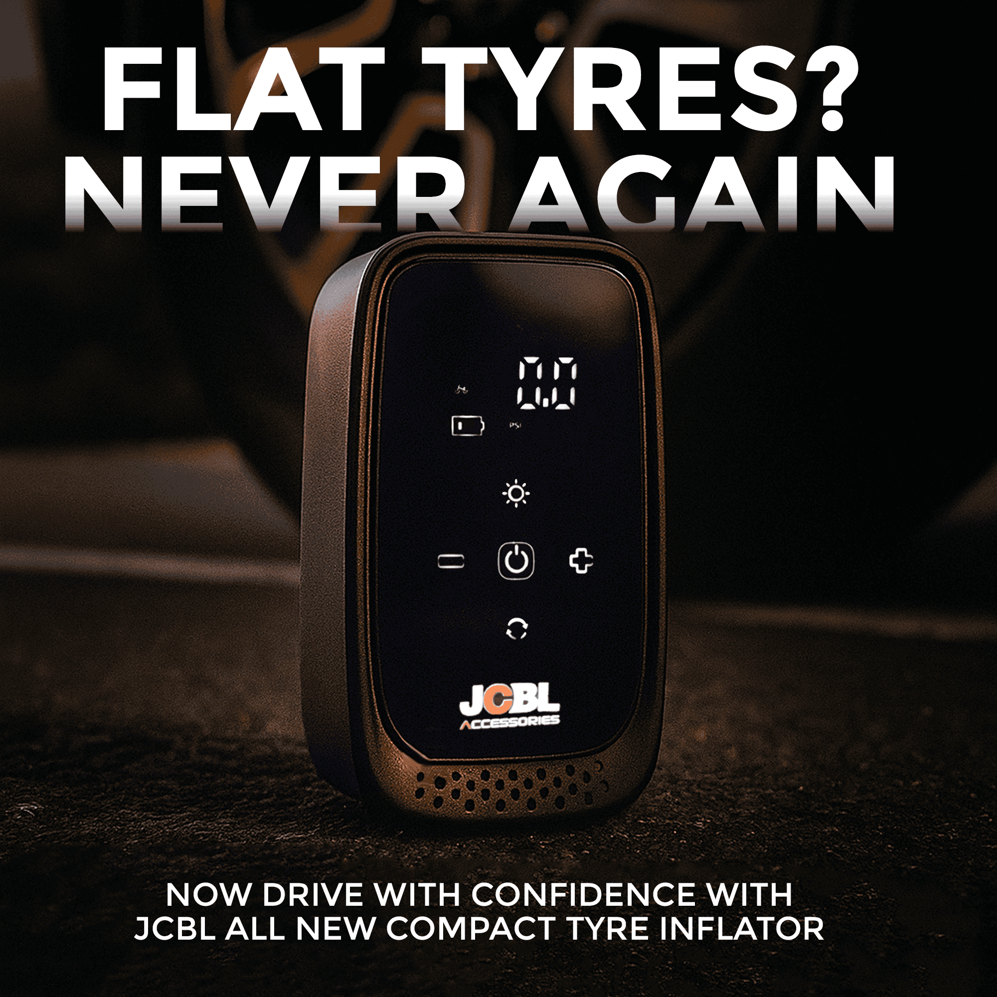 Compact tyre inflator with digital display on a dark background, featuring JCBL branding.