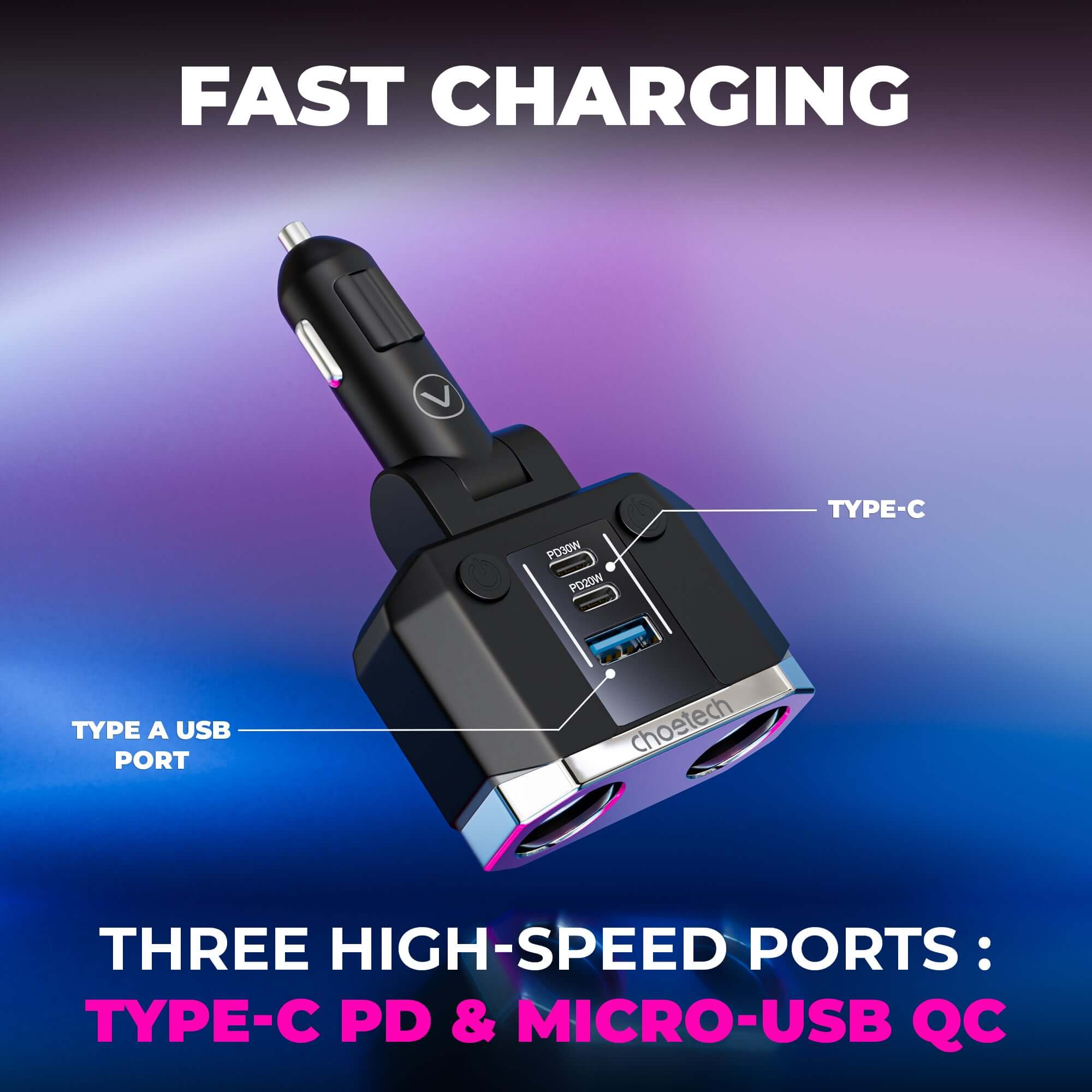Cigarette Lighter Adapter Two Socket 200W with Two Type-C and Micro USB 78W Car Charger