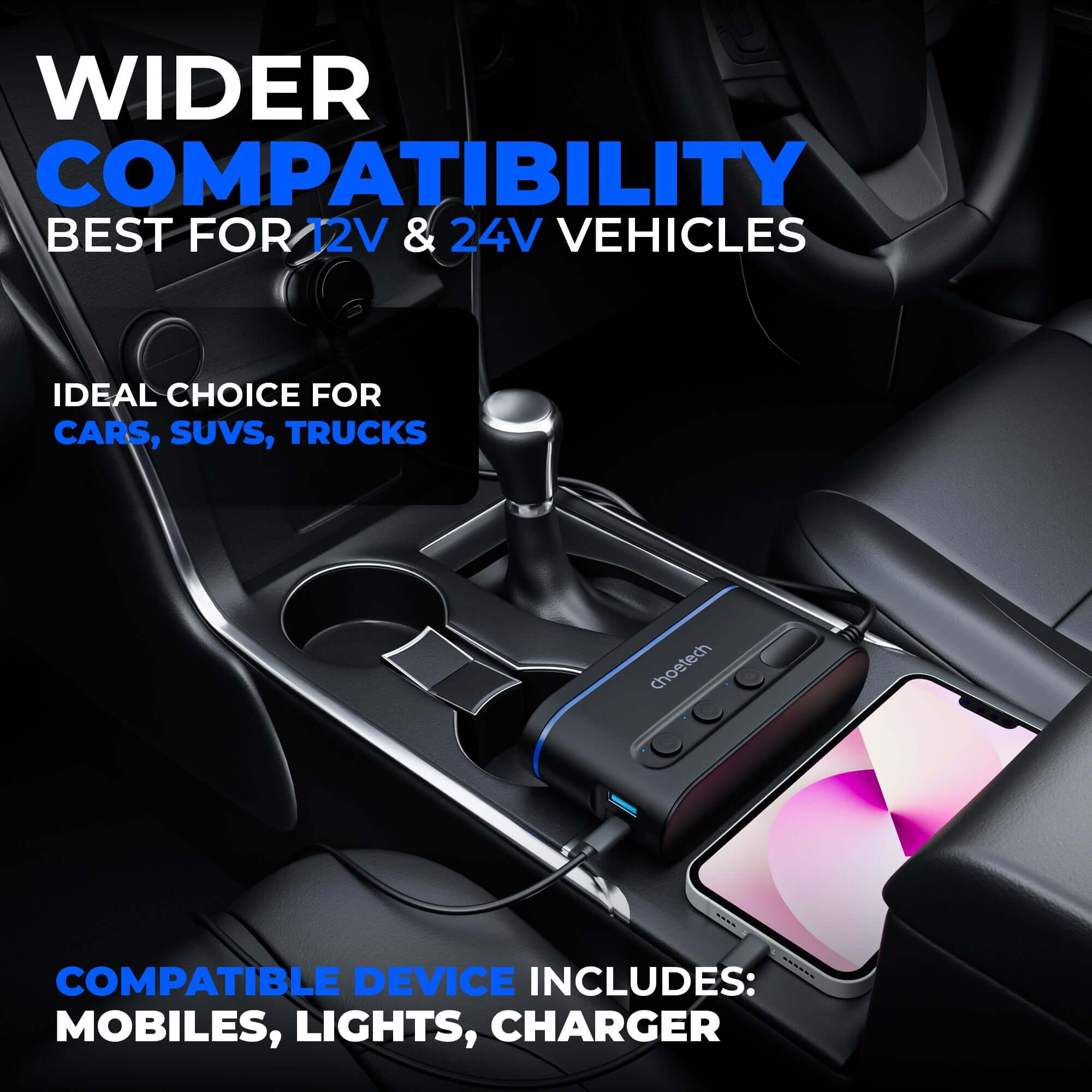 Cigarette Lighter Adapter Three Socket 200W with Two Type-C and Micro USB 68W Car Charger