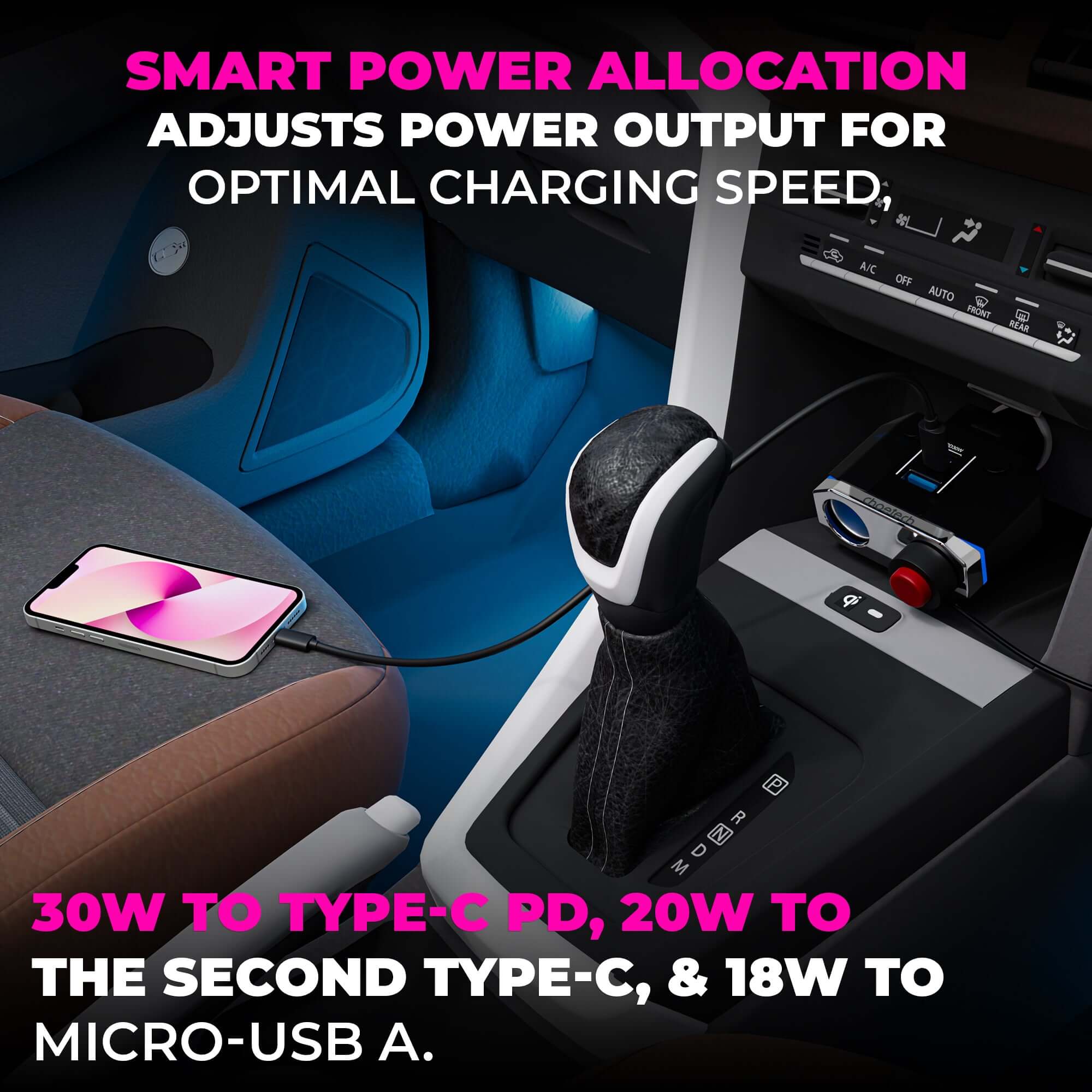 Cigarette Lighter Adapter Two Socket 200W with Two Type-C and Micro USB 78W Car Charger