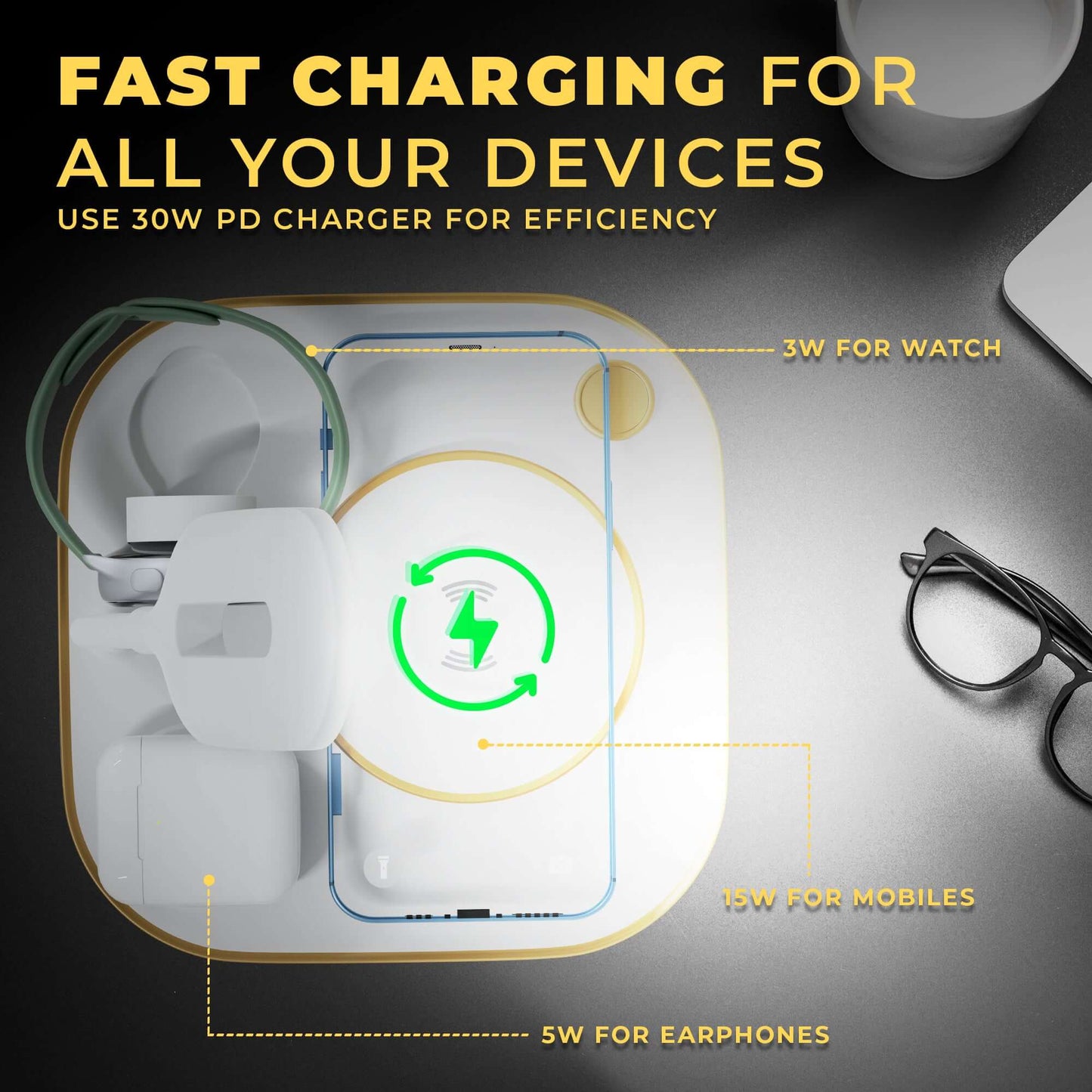 JCBL Accessories 5-in-1 Wireless Mobile Charger with Lamp and Warm Ring Light (White), X3