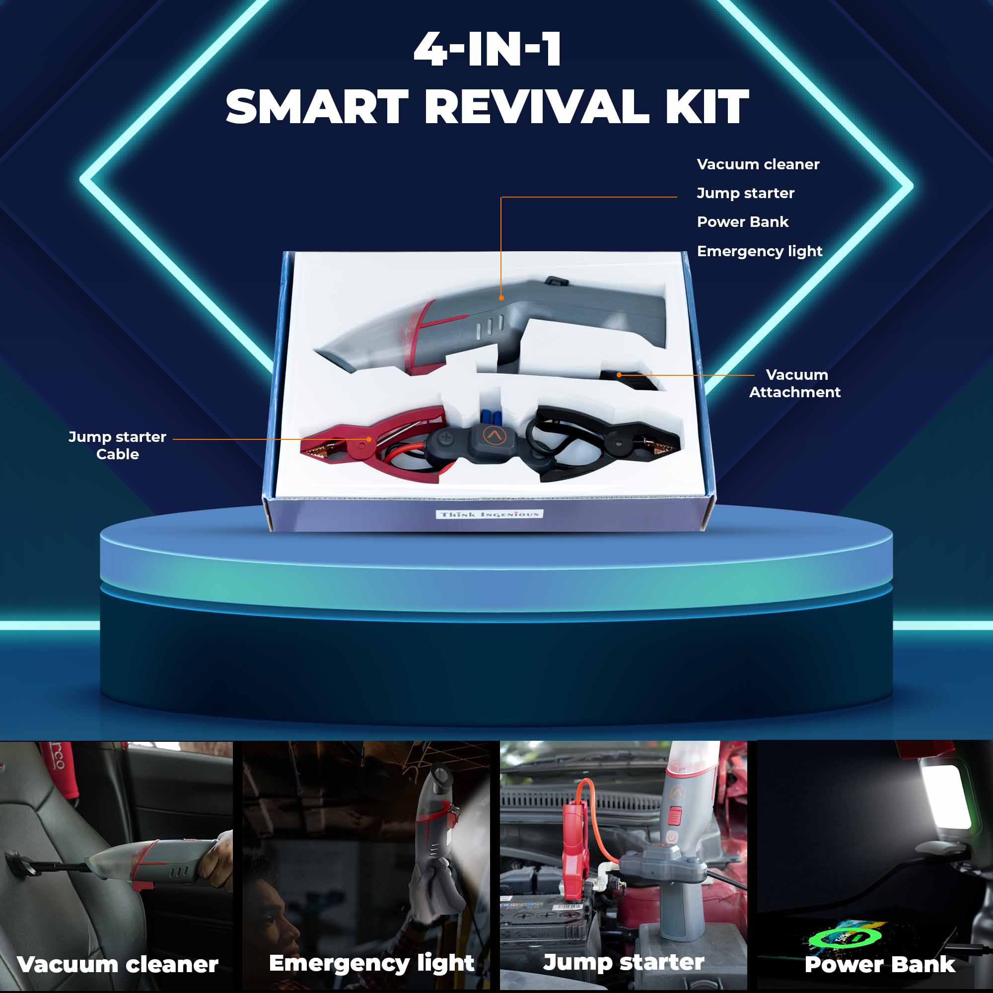 JCBL ACCESSORIES Young Guns Road Side Assistant 10,000mAh 4-in-1 Kit, Combo of Vacuum Cleaner, Jump Starter and SOS Light(10 Caliber) | | 4-IN-1 | | SMART REVIVAL KIT | Vacuum cleaner | | Jump starter | Power Bank | \ Emergency light | | S - . | | - Rll? oe | | «BOLI | | \ prssssm—— v | LX erm 5 ih, 2 el i - | B “4 [def pe ~ § | EEE 2 ‘ acuum cleaner Emergency light __ Jump starter | Power Bank |