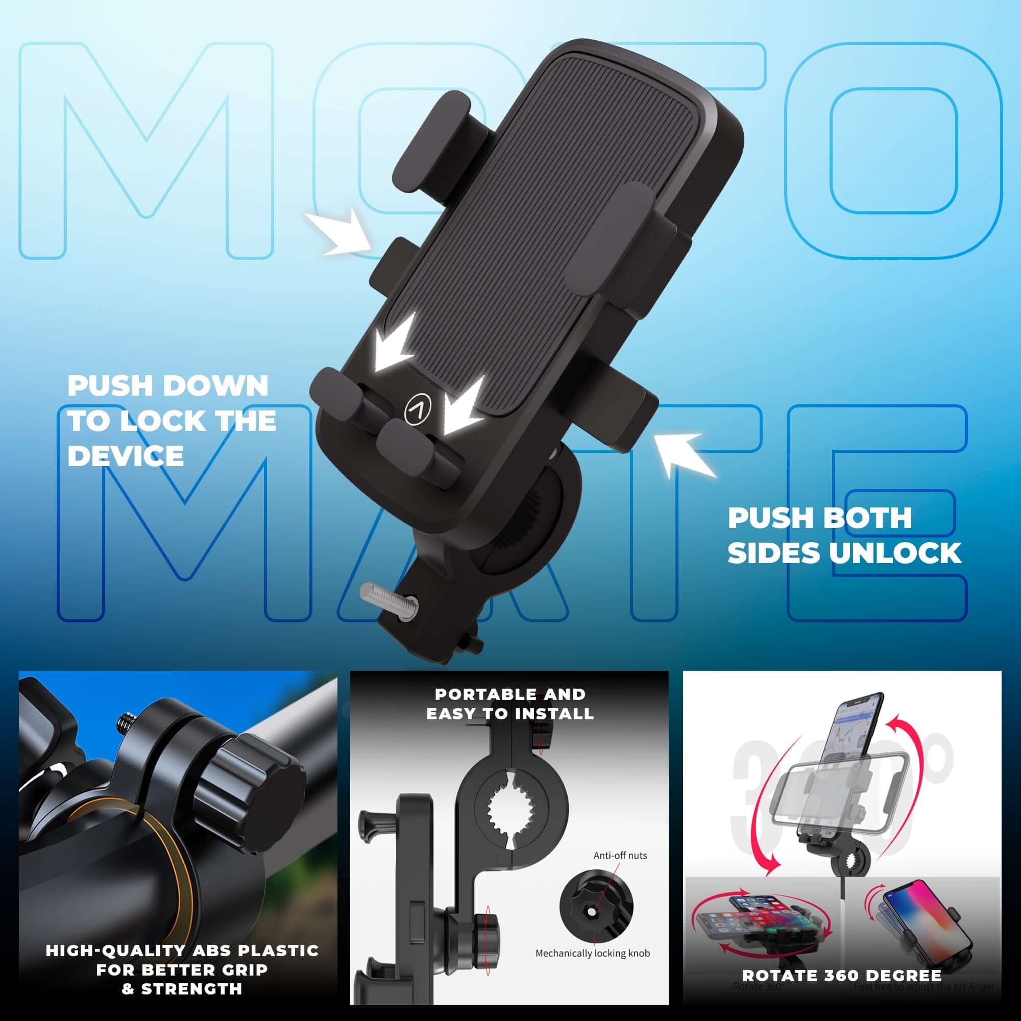 JCBL ACCESSORIES M1 Bike Mobile Holder, High Stablized Design, Shock-Absorbing Silicone Pads, Strong Grip, Metallic Frame for 4.7 to 6.7 inch Mobiles(Black) | PUSH DOWN TO LOCK THE DEVICE | PUSH BOTH SIDES UNLOCK| HIGHT QUALITY ABS PLASTIC FOR BETTER GRIP & STRENGTH | PORTABLE AND EASY TO INSTALL | ROTATE 360 DEGREE