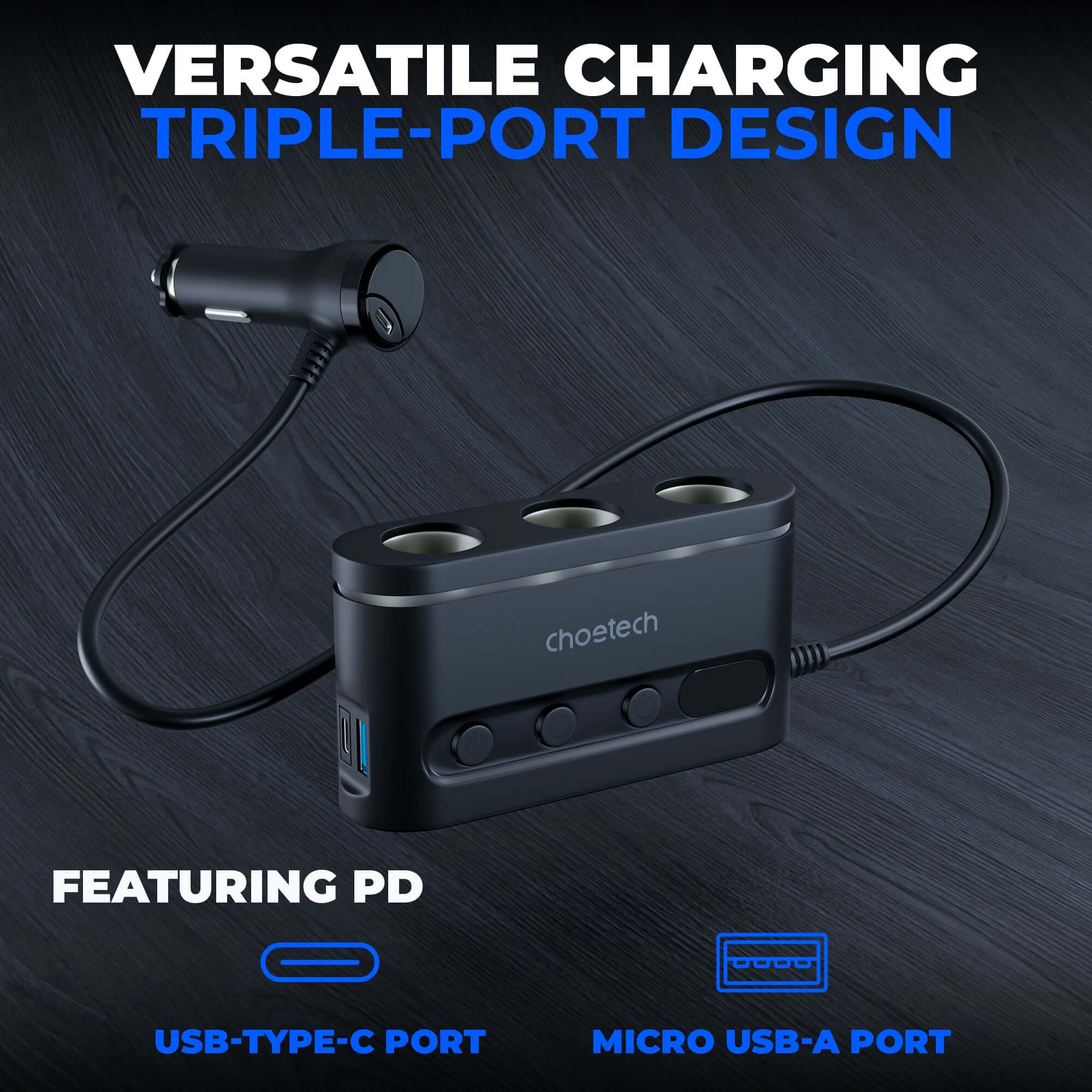 Cigarette Lighter Adapter Three Socket 200W with Two Type-C and Micro USB 68W Car Charger