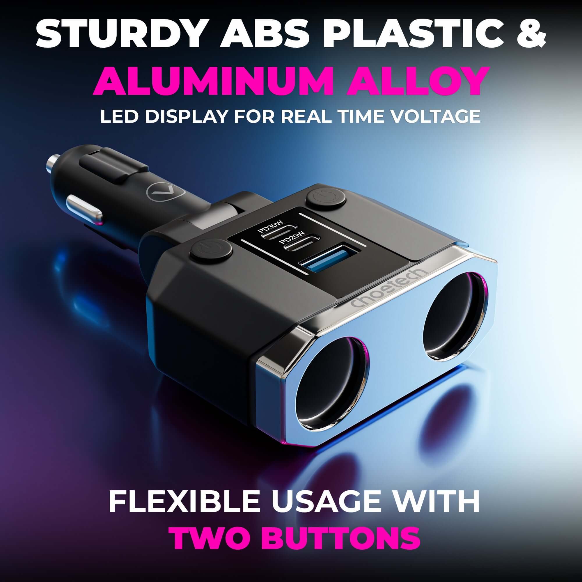 Cigarette Lighter Adapter Two Socket 200W with Two Type-C and Micro USB 78W Car Charger
