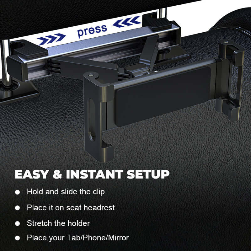 JCBL Accessories Clipster | EASY & INSTANT SETUP | Hold and Slide the clip | ® Place it on seat headrest | | ® Stretch the holder | | ® Place your Tab/Phone/Mirror |