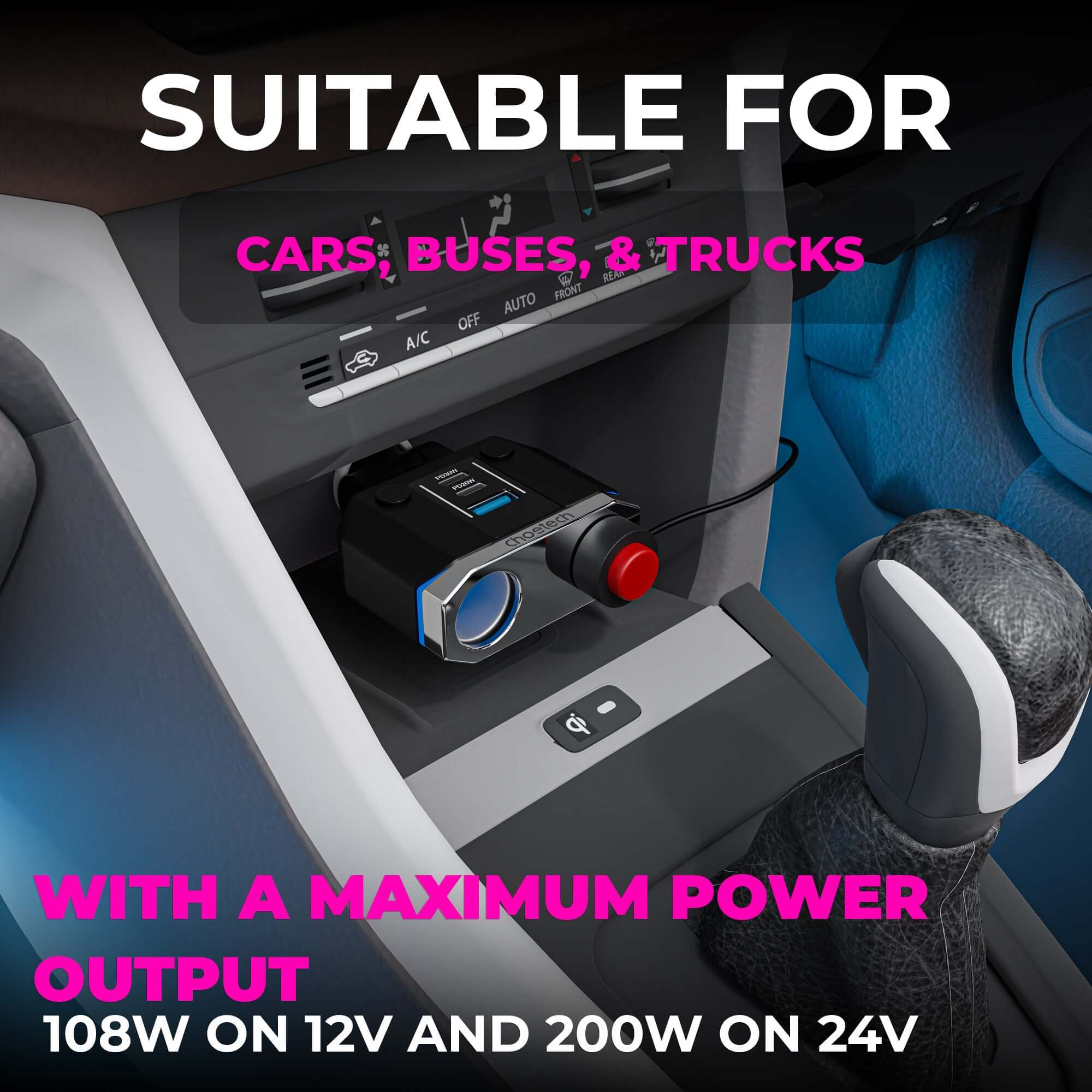 Cigarette Lighter Adapter Two Socket 200W with Two Type-C and Micro USB 78W Car Charger