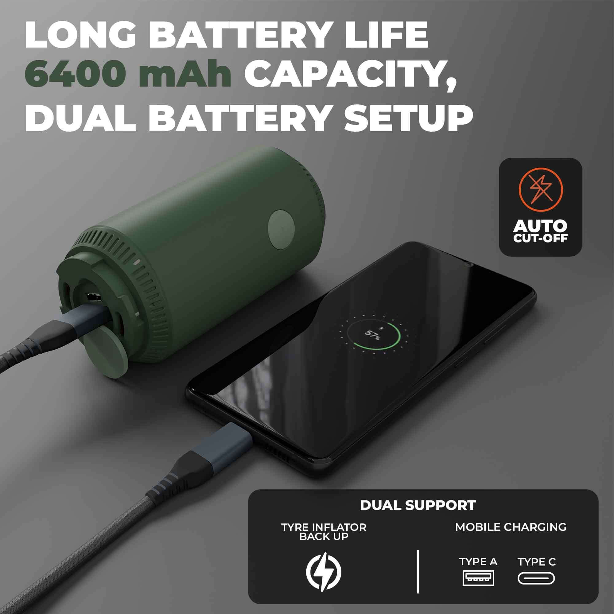 JCBL Accessories 6400mAh 150 PSI Portable Air Compressor for Bikes-Cordless Rechargable Battery With Power Bank , T.I 6.4 | LONG BATTERY LIFE CAPACITY, DUAL BATTERY SETUP