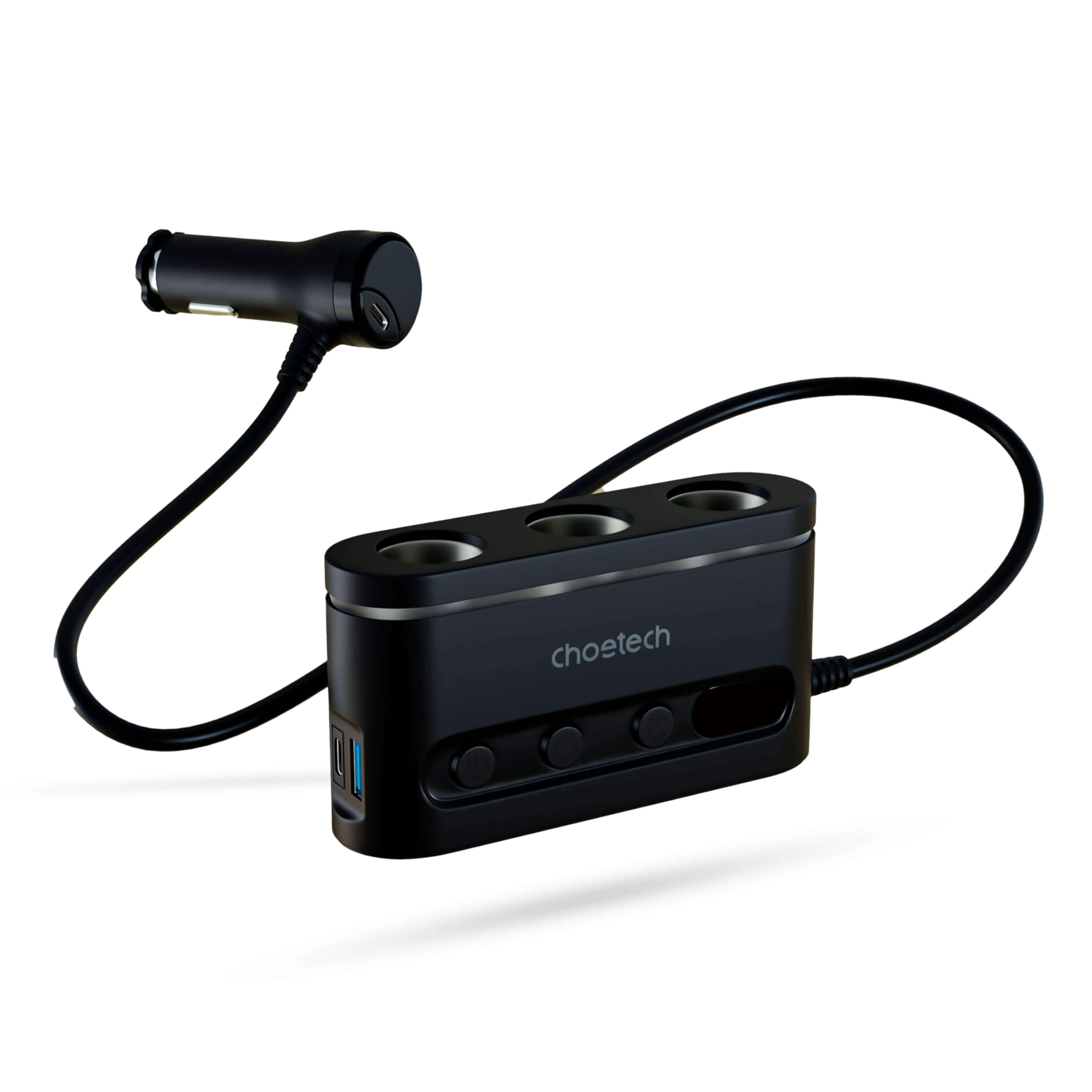 Cigarette Lighter Adapter Three Socket 200W with Two Type-C and Micro USB 68W Car Charger