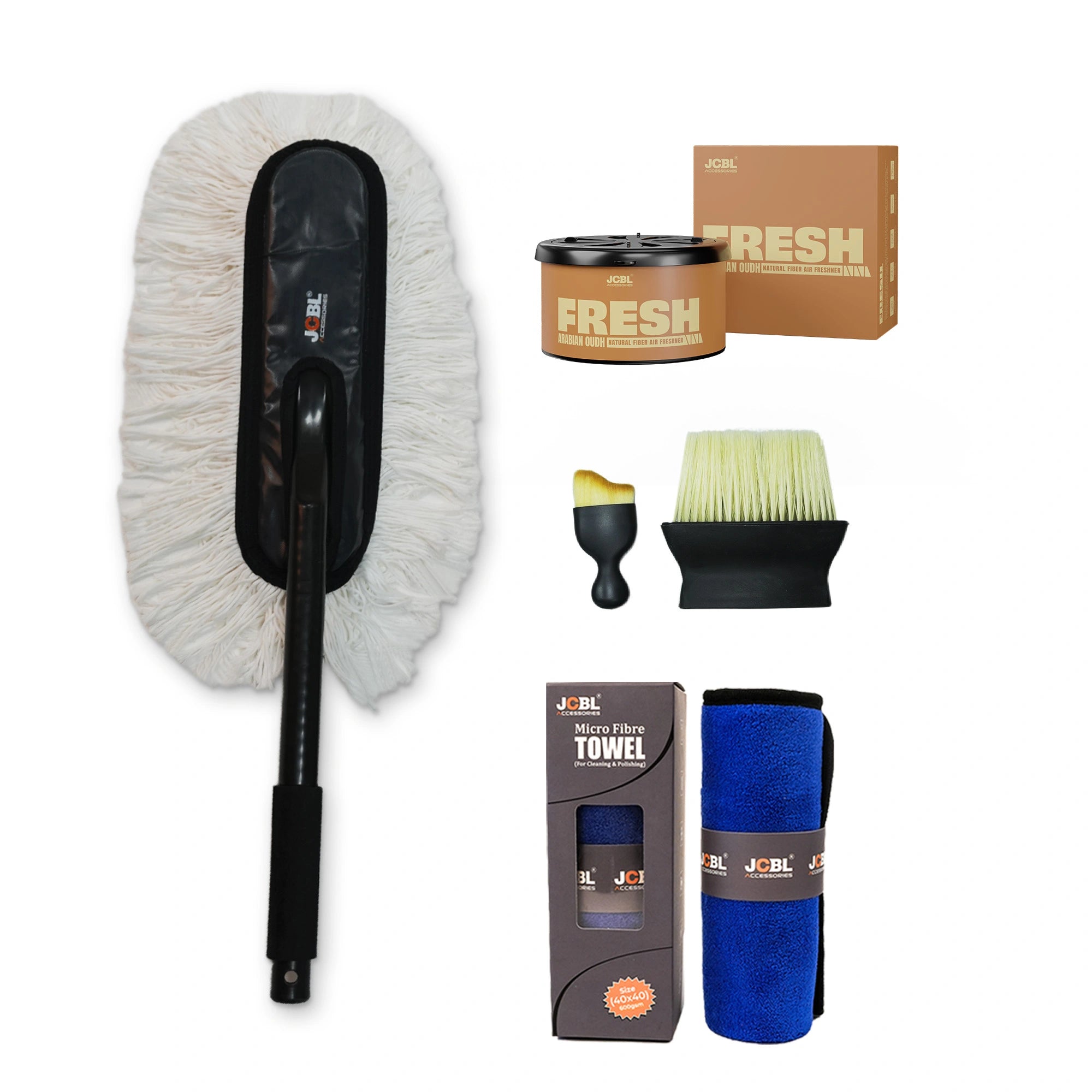 Car Cleaning Kit with 400 GSM Microfiber Cloth | Duster, Dash Brush & Car Perfume