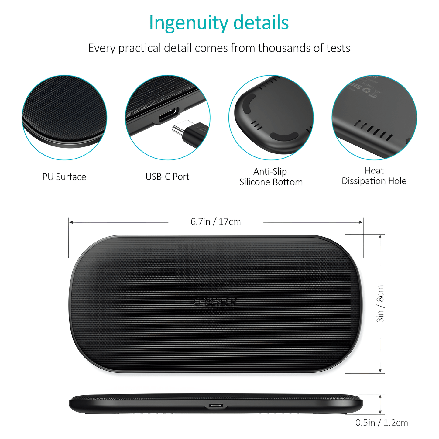 Choetech 5-Coil 15W Dual Fast Wireless Charger for Wireless charging Supported Mobiles, T535-S by jcbl accesories.| Ingenuity details | Every practical detail comes from thousands of tests. PU surface USB-C port, Anti-Slip Silicone Bottom, Heat Dissipation Hole