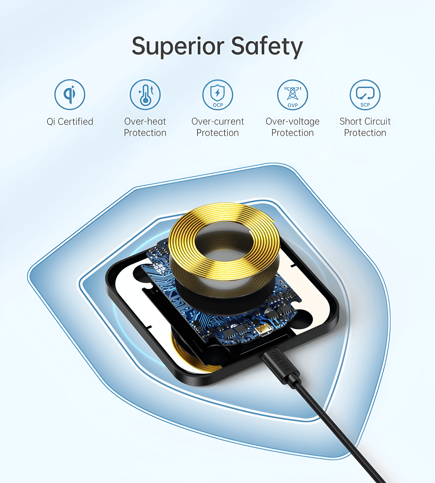 Choetech 10W Fast Wireless Charger for Qi Wireless charging Supported Mobiles, T511-S.| Superior Safety | | ocr ove Qi Certified Over-heat Over-current Over-voltage Short Circuit | Protection Protection Protection Protection by JCBL Accessories
