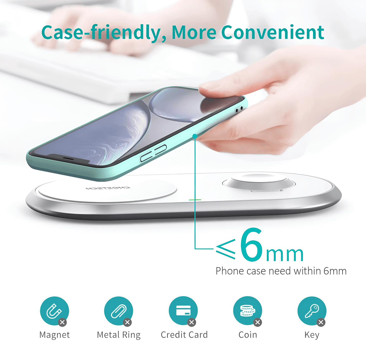 Choetech 2-in-1 15W Dual Wireless Charger For Iphone and Apple Watch (MFI Certified), T317 by jcbl accessories. Case-friendly, More Convenient ,6mm, phone case need within 6mm, No magnet, No metal Ring| No credit card| No coin| No key|