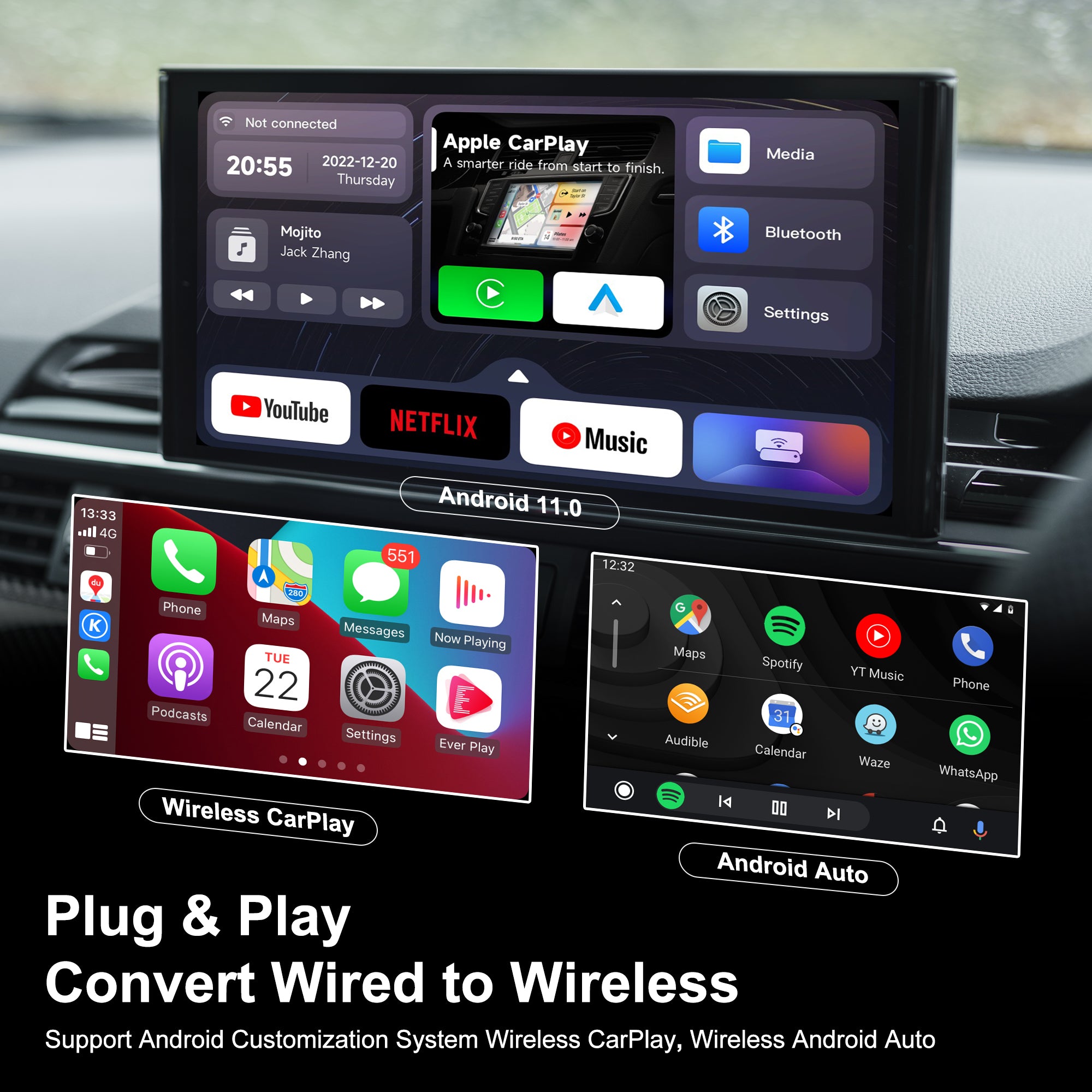 Wireless Car Adapter | Pre-installed Youtube & Jiocinema