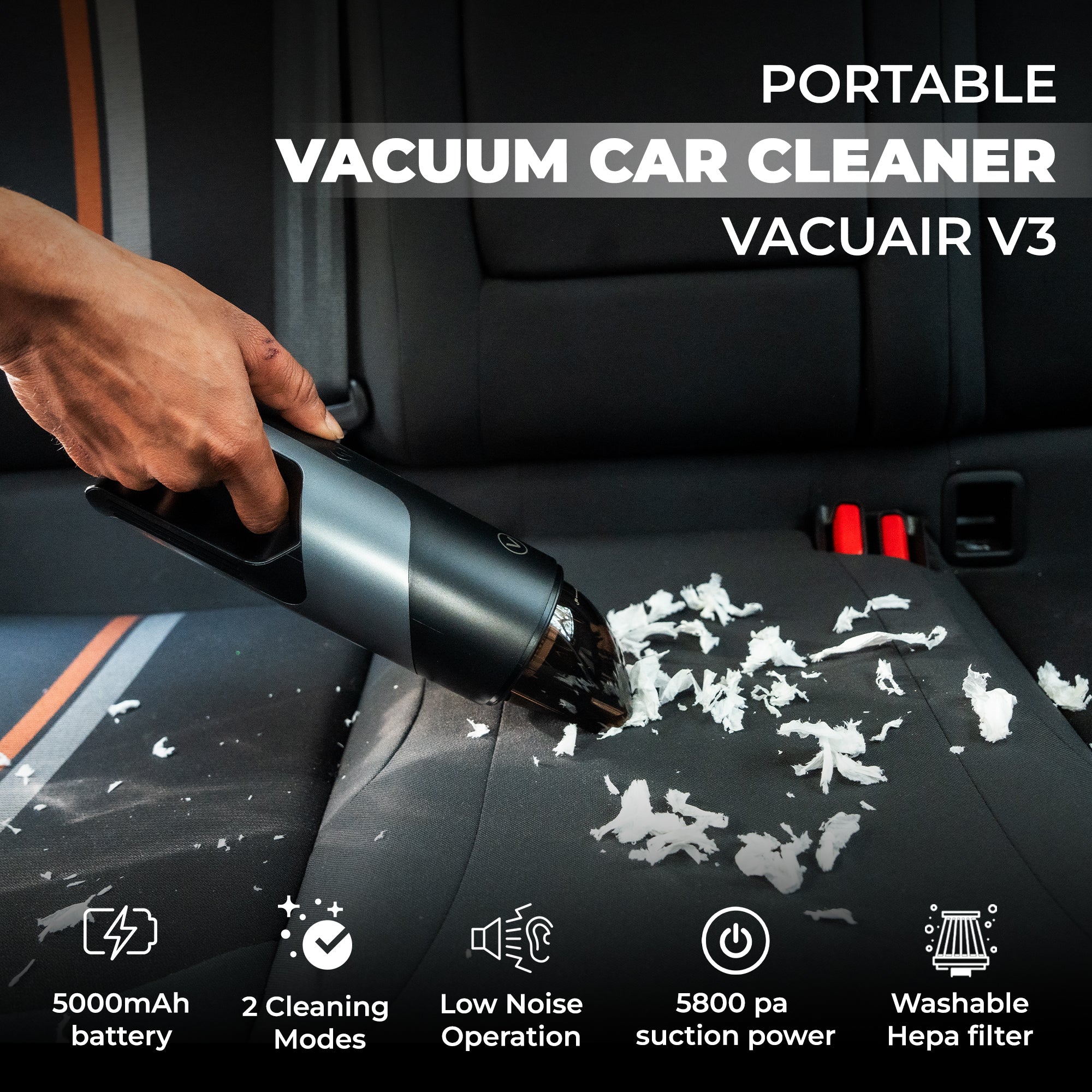 Vacuair V3 Portable & Cordless Vacuum Cleaner with 5800 Pa Suction Power | 5000 mAh Battery