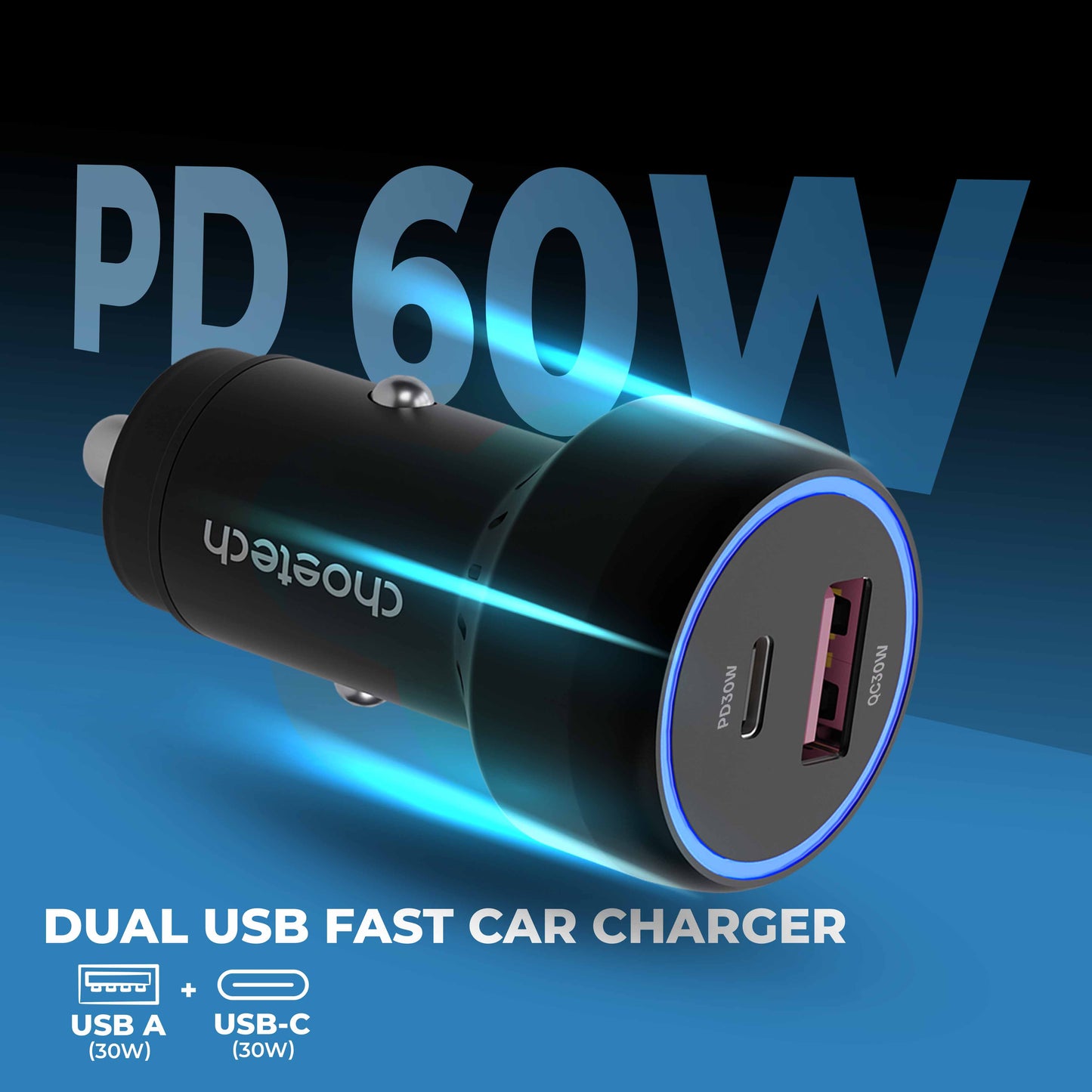 Choetech 60W USB Type-C/A Metal Body Mobile Car Charger, TC0014 | DUAL USB FAST CAR CHARGER | USB A  + USB-C |