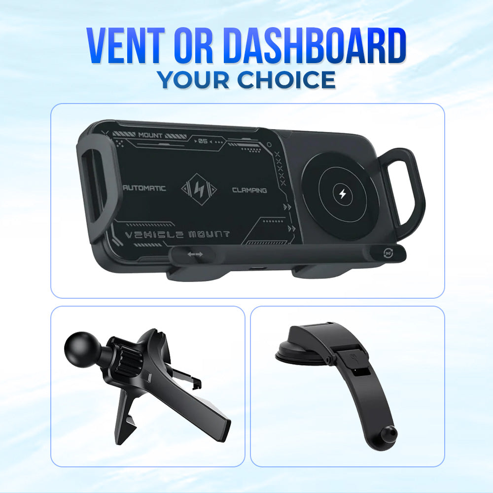 Crystal Watt 2.0 - 15W Fold Phone Wireless Car Charger – Dual Coil Fast Charging Air Vent Mount | Rotating Phone Holder for Samsung Z Fold & iphone