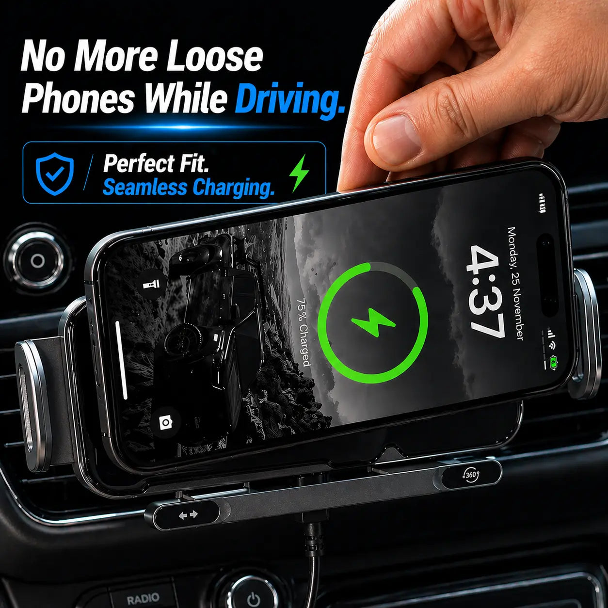 Crystal Watt 2.0 - 15W Fold Phone Wireless Car Charger – Dual Coil Fast Charging Air Vent Mount | Rotating Phone Holder For Premium Smartphone