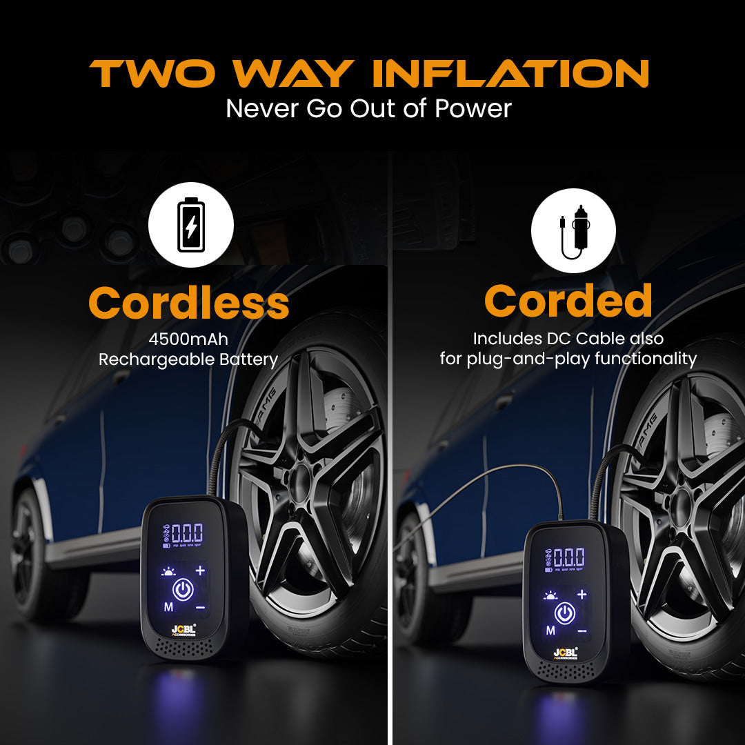 AIR COMPRESSOR – Portable Cordless Tyre Inflator for Car & Bike | 150 PSI Digital Air Compressor | 4500mAh Battery | Auto Shut Off