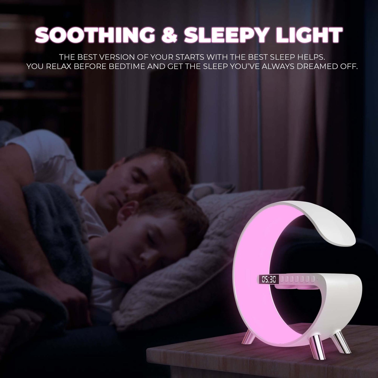 JCBL ACCESSORIES Wireless Charger Atmosphere Light Lamp, 4-in-1 Charger with BT, Speaker, Alarm Clock, and App Control Lights for Bedroom, Ambient Light (Original, White, 2023) | SOOTHING & SLEEPY LIGHT THE BEST VERSION OF YOUR STARTS WITH THE BEST SLEEP HELPS. YOU RELAX BEFORE BEDTIME AND GET THE SLEEP YOU'VE ALWAYS DREAMED OFF.