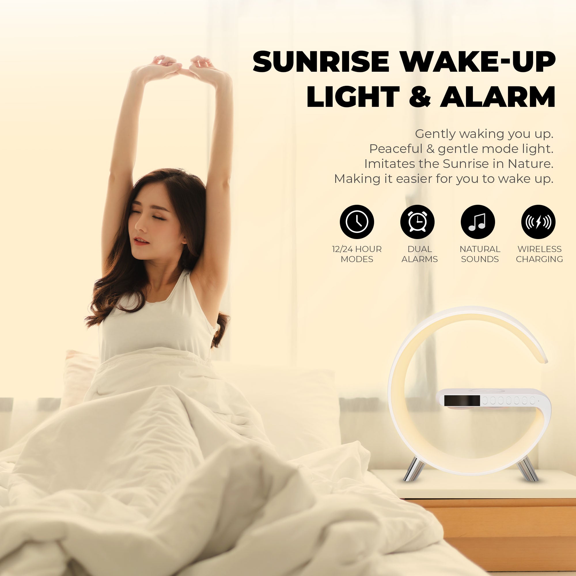 JCBL ACCESSORIES Wireless Charger Atmosphere Light Lamp, 4-in-1 Charger with BT, Speaker, Alarm Clock, and App Control Lights for Bedroom, Ambient Light (Original, White, 2023) | SUNRISE WAKE-UP LIGHT & ALARM | Gently waking you up. | Peaceful & gentle mode light. | Imitates the Sunrise in Nature. | Making it easier for you to wake up.| | 12/24 Hour MODES DUAL ALAMS ,NATURAL SOUNDS, WIRELESS CHARGING |
