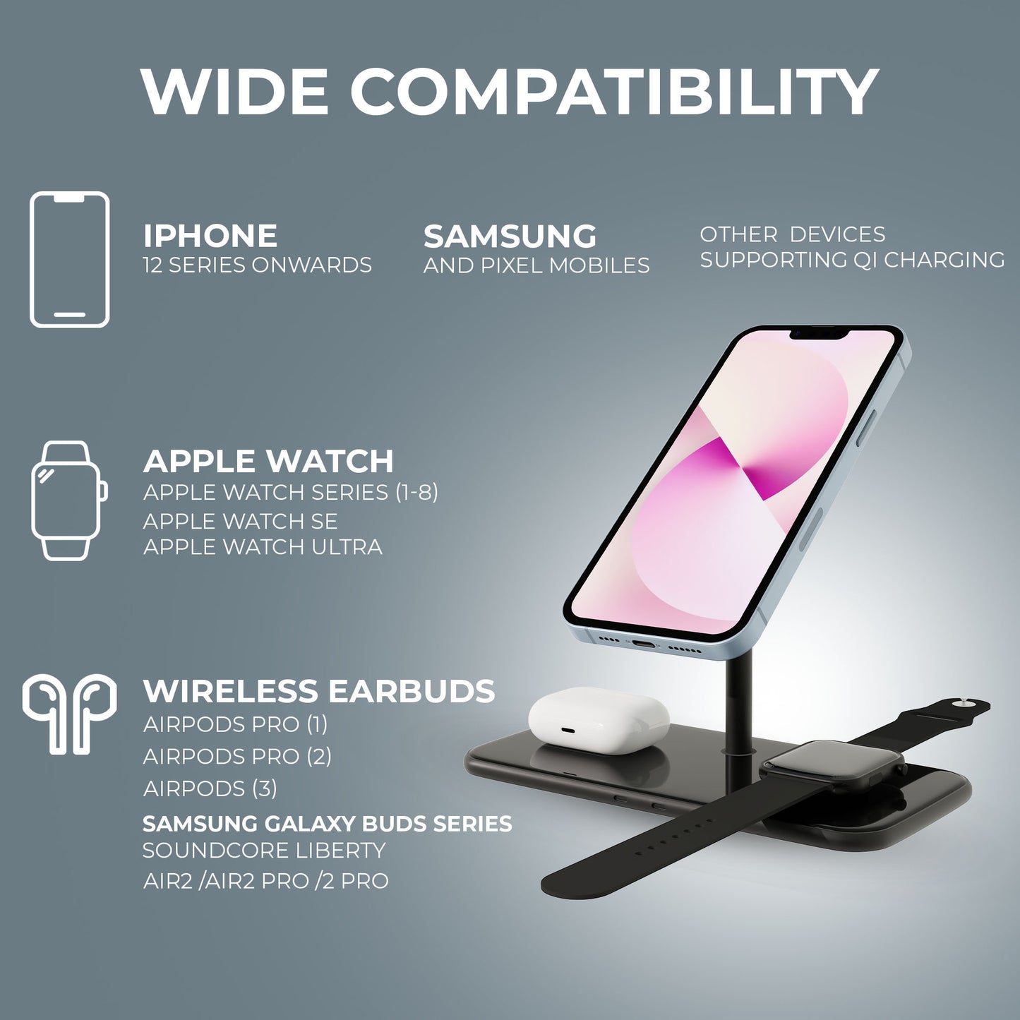JCBL Accessories Magsafe 28.5W Fast Wireless charging stand For Mobile, Watch, Airpods Charging, SW12 Media 6 of 6 WIDE COMPATIBILITY| IPHONE SAMSUNG OTHER DEVICES 12 SERIES ONWARDS AND PIXEL MOBILES SUPPORTING QI CHARGING APPLE WATCH }  APPLE WATCH SERIES (1-8) / APPLE WATCH SE / APPLE WATCH ULTRA | WIRELESS EARBUDS AIRPODS PRO (1), AIRPODS PRO (2) ,AIRPODS (3) SAMSUNG GALAXY BUDS SERIES | SOUNDCORE LIBERTY  AIR2 /AIR2 PRO /2 PRO 