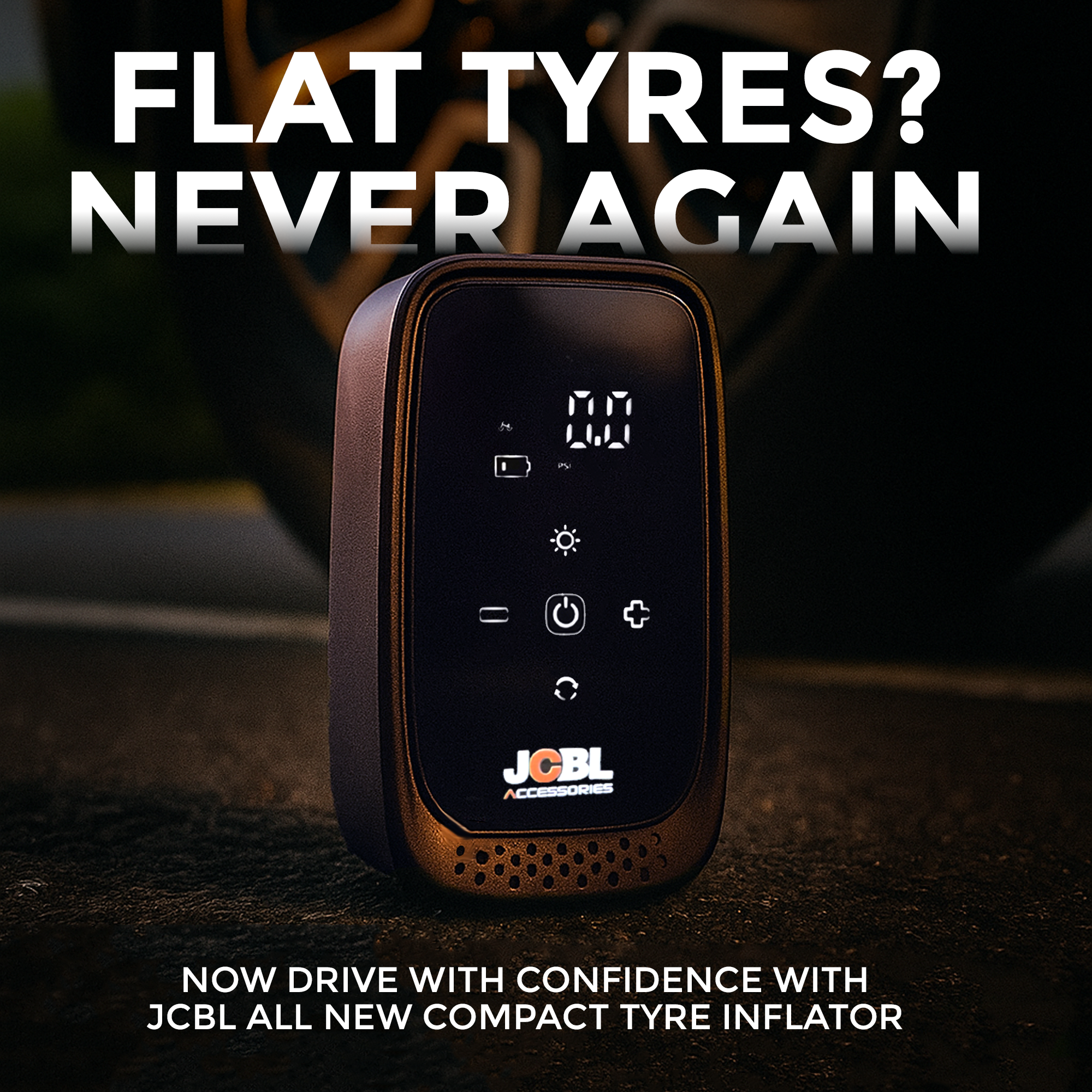 Compact tyre inflator with digital display on a dark background, featuring JCBL branding.