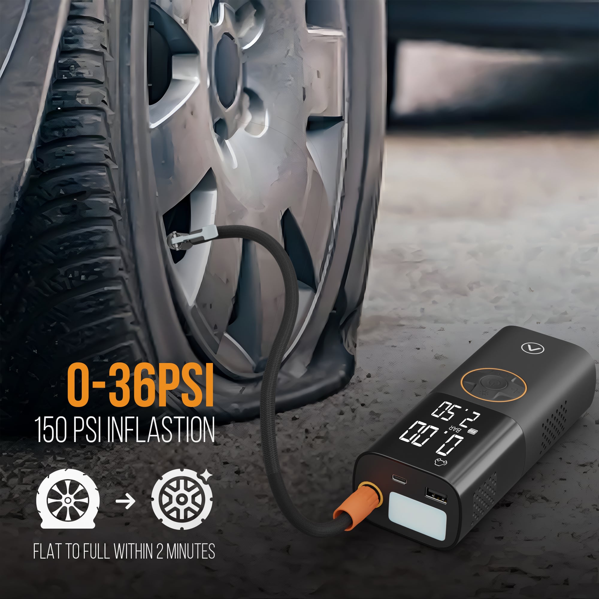 PSI 6.0 Portable & Cordless Tyre Inflator 150psi | 6000 mAh Battery | Emergency Torch