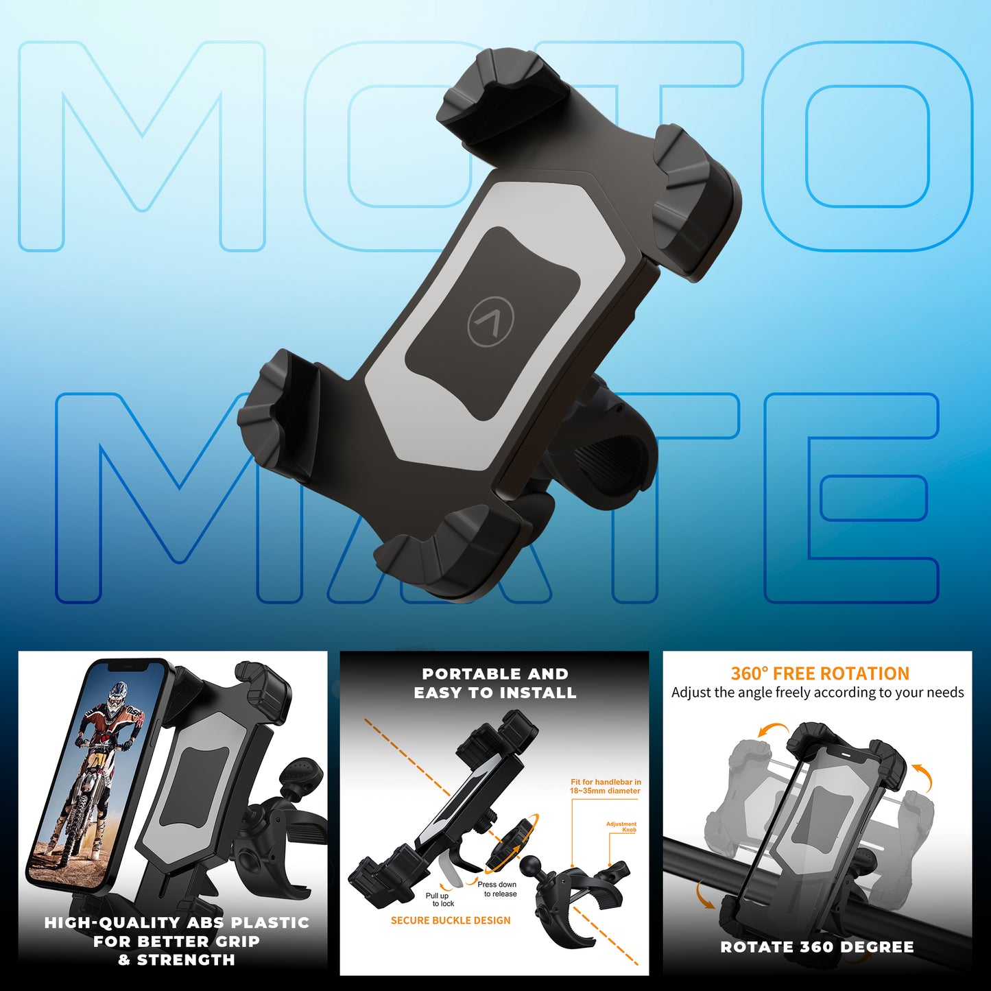 JCBL ACCESSORIES Bike Mobile Holder, High Stablized Design, Shock-Absorbing Silicone Pads, Strong Grip, Metallic Frame for 4.7 to 6.7 inch Mobiles (SL01) | PORTABLE AND i] EASY TO INSTALL Adjust the angle freely according to your needs a b a | yh [| (54 ) . bali 4 4 f 5 [| YEP i Ni y¥.4 y \ | 4 A Sa df — d Frum | Cp « nap / NY "HIGH-QUALITY AB!  FOR BETTER SRIP ROTATE 360 DEGREE
