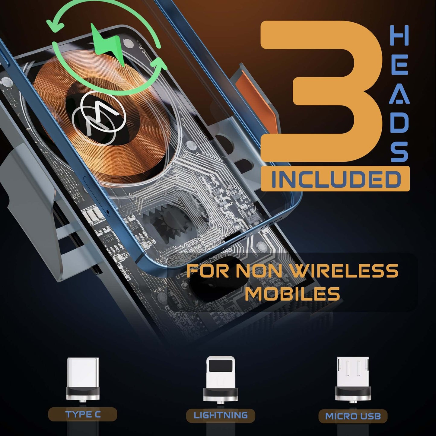 JCBL Accessories 15W Car Mobile Holder for Dashboard, Windshield, Anti-slip (Black) | 3 Heads Included | FOR NON WIRELESS MOBILES| TYPE C, LIGHTING, MICRO USB