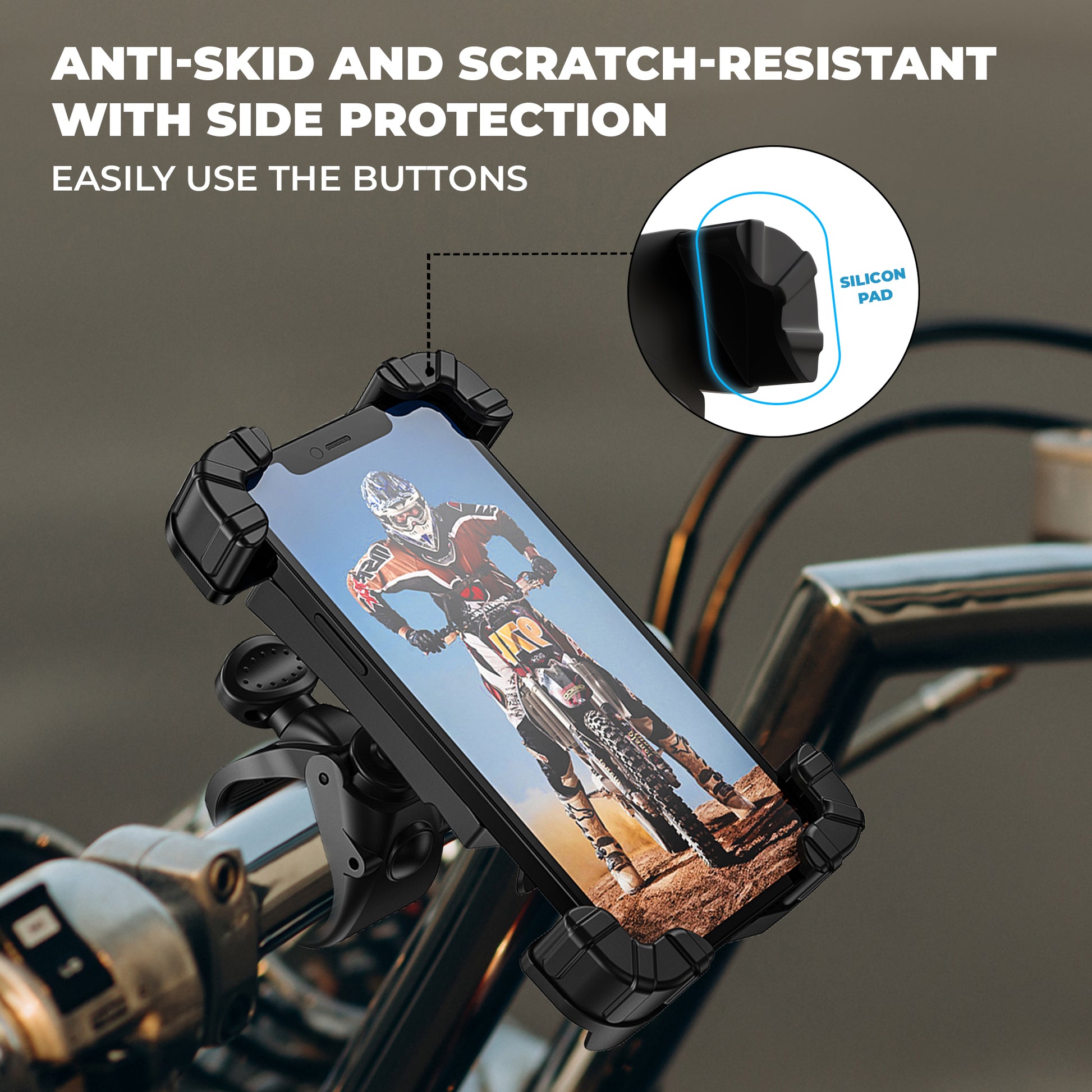 JCBL ACCESSORIES Bike Mobile Holder, High Stablized Design, Shock-Absorbing Silicone Pads, Strong Grip, Metallic Frame for 4.7 to 6.7 inch Mobiles (SL01) | ANTI-SKID AND SCRATCH-RESISTANT WITH SIDE PROTECTION EASILY USE THE BUTTONS 