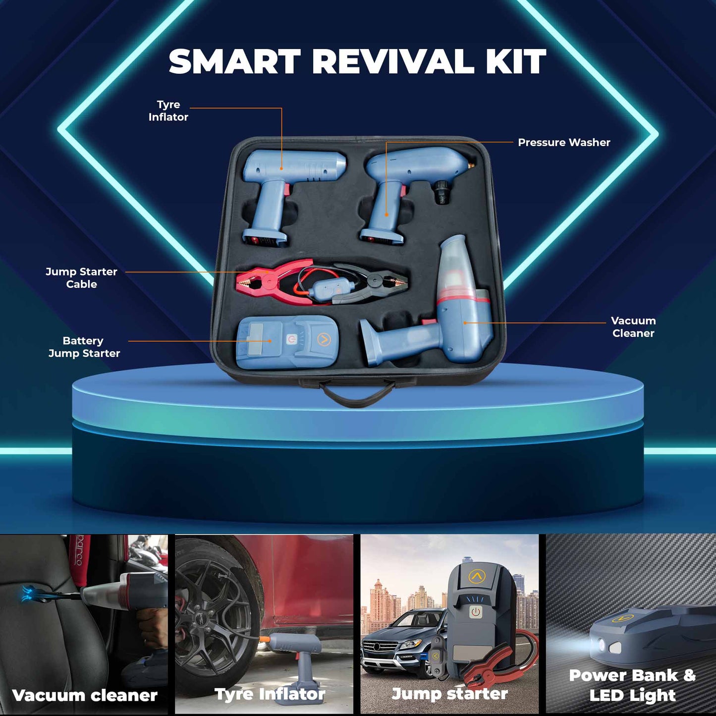 JCBL ACCESSORIES Young Guns Road Side Assistant 14,800mAh 5-in-1 Kit, Combo of Vacuum Cleaner, Tyre inflator, Pressure Washer, Jump Starter and SOS Light(14.8 Caliber) | | SMART REVIVAL KIT | | Tyre | Inflator | i Po Pressure Washer | \ | I 6 | Jump Starter yy Cable / Oo = | | i | | Vacuum | | Battery — 2 14 Cleaner | Jump Starter \\ ; ya Jj | _— ; J ve Foam 8 bn ion i 1 V. pod! J) 1 | WEE = . : 20 =) o | Vacuum cleaner y | pstarter | LED Light