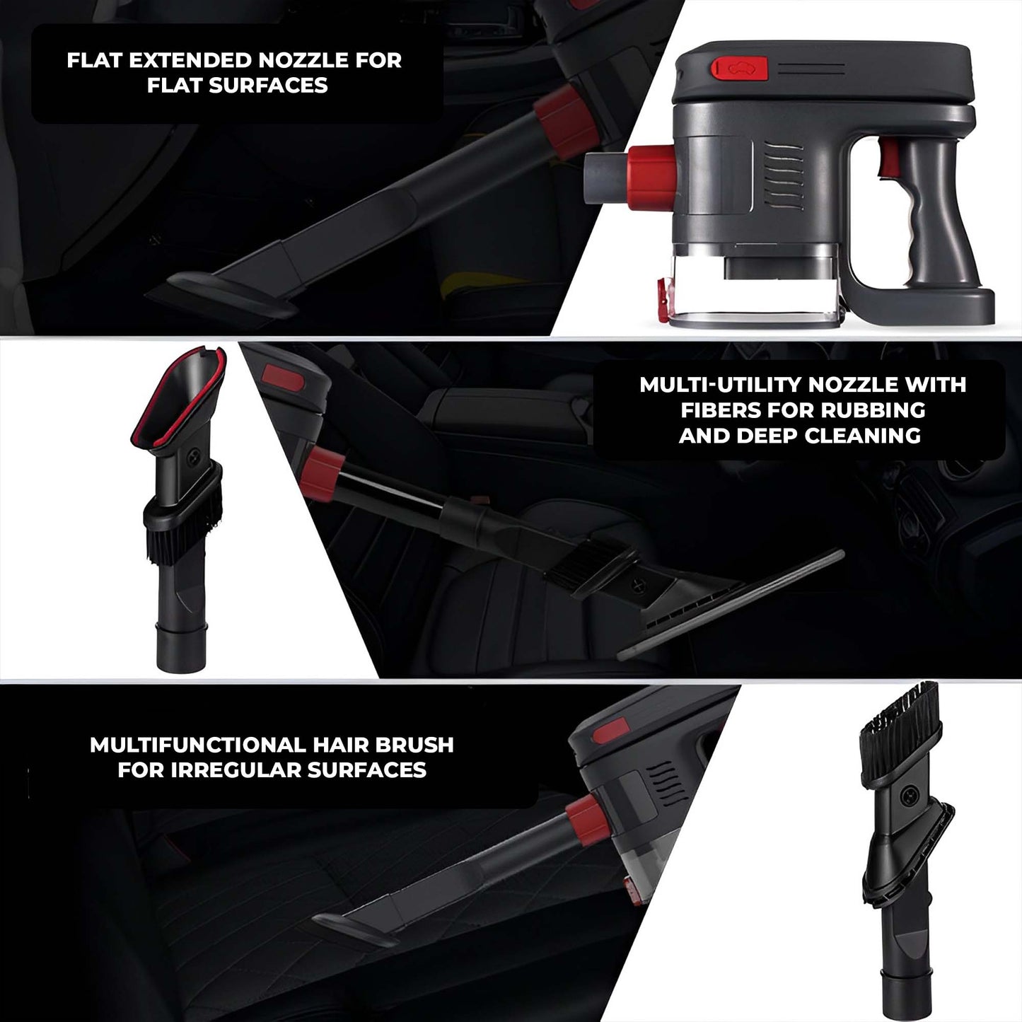 JCBL ACCESSORIES Young Guns Road Side Assistant 16,000mAh 5-in-1 Kit, Combo of Vacuum Cleaner, Tyre inflator, Pressure Washer, Jump Starter and SOS Light(16 Caliber | FLAT EXTENDED NOZZLE FOR = FLAT SURFACES B = } | ms li " b! J  ) MULTI-UTILITY NOZZLE WITH  v FIBERS FOR RUBBING  AND DEEP CLEANING  — Pp =~ (f MULTIFUNCTIONAL HAIR BRUSH & i FOR IRREGULAR SURFACES 