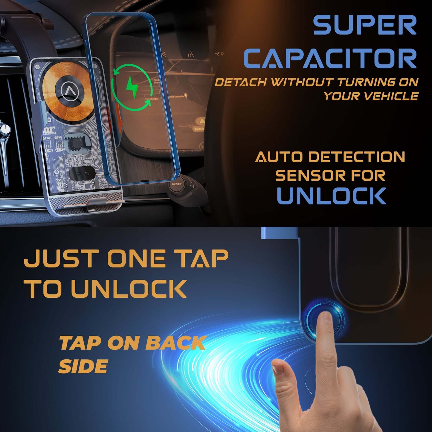 JCBL Accessories 15W Car Mobile Holder for Dashboard, Windshield, Anti-slip (Black) | SUPER . CAPACITOR IT WITHOUT TURNING ON  YOUR VEHICLE | | AUTO DETECTION | N SENSOR FOR © UNLOCK| JUST ONE TAP TO UNLOCK | TAP ON BACK SIDE 