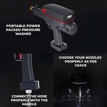 JCBL ACCESSORIES Young Guns Road Side Assistant 16,000mAh 5-in-1 Kit, Combo of Vacuum Cleaner, Tyre inflator, Pressure Washer, Jump Starter and SOS Light(16 Caliber) | PORTABLE POWER | I | PACKED PRESSURE ® | WASHER 3! | | Nl 3 CHOOSE YOUR NOZZLES | fe | PROPERLY AS PER | | | USAGE | ~~ CONNECT|THE HOSE 3 | PROPERLY WITH THE ~ — | | HANDLE 