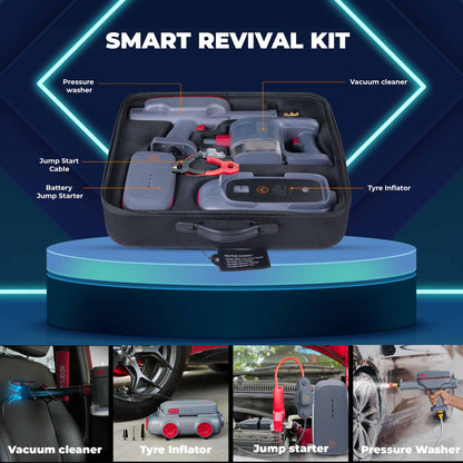 JCBL ACCESSORIES Young Guns Road Side Assistant 16,000mAh 5-in-1 Kit, Combo of Vacuum Cleaner, Tyre inflator, Pressure Washer, Jump Starter and SOS Light(16 Caliber) | | SMART REVIVAL KIT | | Pressure ——— Vacuum cleaner | washer z : | Jump Start . ) Pl | | Cable ® = — | RN SE =) | a - yay ~~ - REE | > - Ra ~ xl A — EVER =n | 3 eC = <b . A 4) p 0  | y a ; bo) 1  | \ pa _ Yi