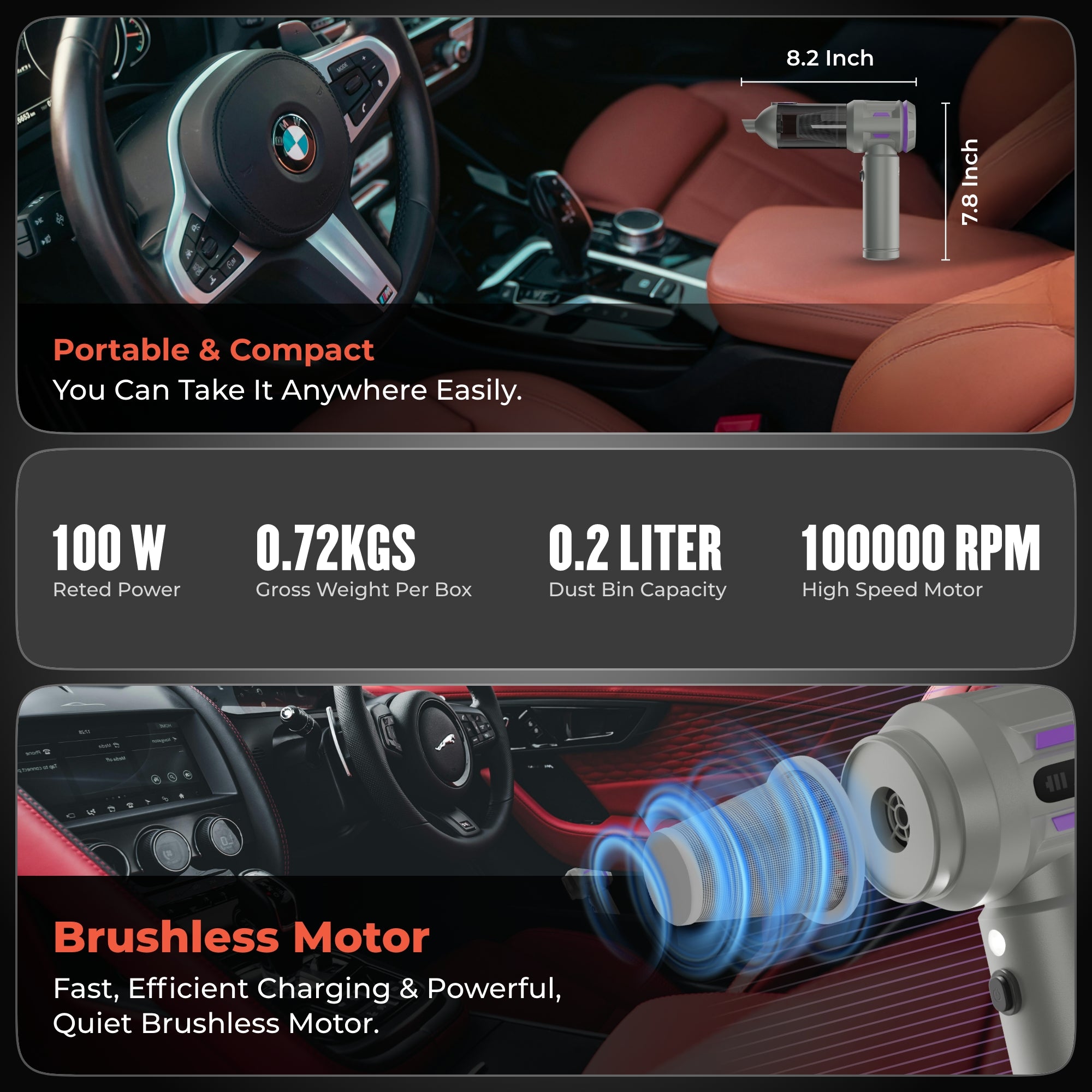 Wireless Car Vacuum Cleaner 5.0 – 110W Powerful Cordless Handheld with 16kPa Suction, HEPA Filter & Type-C Charging