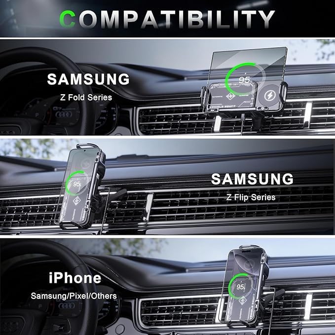 Crystal Watt 2.0 - 15W Fold Phone Wireless Car Charger – Dual Coil Fast Charging Air Vent Mount | Rotating Phone Holder for Samsung Z Fold & More