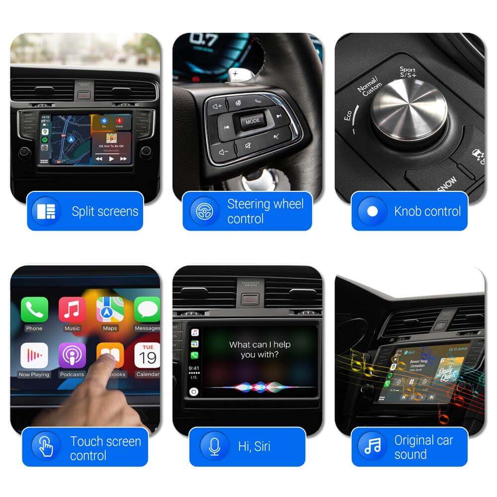 Ottocast PICASOU 2 Plug-n-Play CarPlay/Android Multimedia AI Device Box | ” Pe _ 7 ~/ , A — p— ) m eS > Te———__ 5 SIN . = = va © \ 4 fA Gir Il lee DD a a [4] 7 « ») 3 : = =i Jr. B= 4 “ ha S WE split screens @ Soom whee f® Knob control ~ Y2 control - — BE lle. Q rel = ® er What can | help ; — : [19] LJ you with? = ££ J I y il ww Signs = =< Se Fi AE A) : LJ 0 : “ (@. Touch screen 00 ni sii # Original car i, Siri © Leonia I3 sound