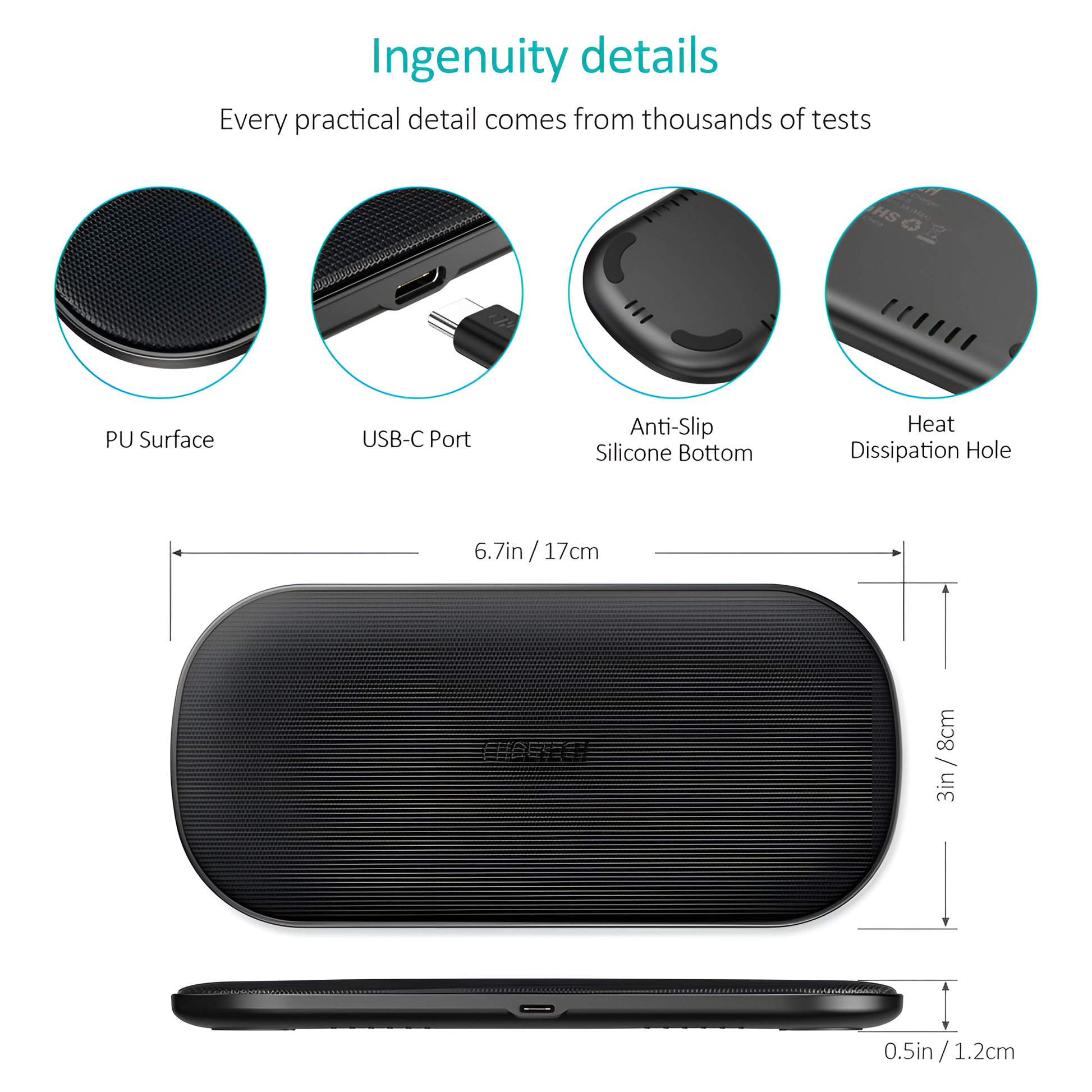 Choetech 5-Coil 15W Dual Fast Wireless Charger for Wireless charging Supported Mobiles, T535-S by jcbl accesories.| Ingenuity details | Every practical detail comes from thousands of tests. PU surface USB-C port, Anti-Slip Silicone Bottom, Heat Dissipation Hole 